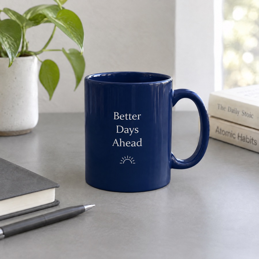 The same mug edited by GPT Image 2.5 Sunburst VIP, now dark blue with the composition and lighting unchanged