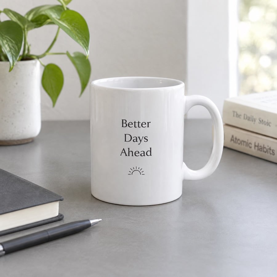 A white ceramic mug on a gray desk in soft natural light, generated by GPT Image 2.5 Flare VIP