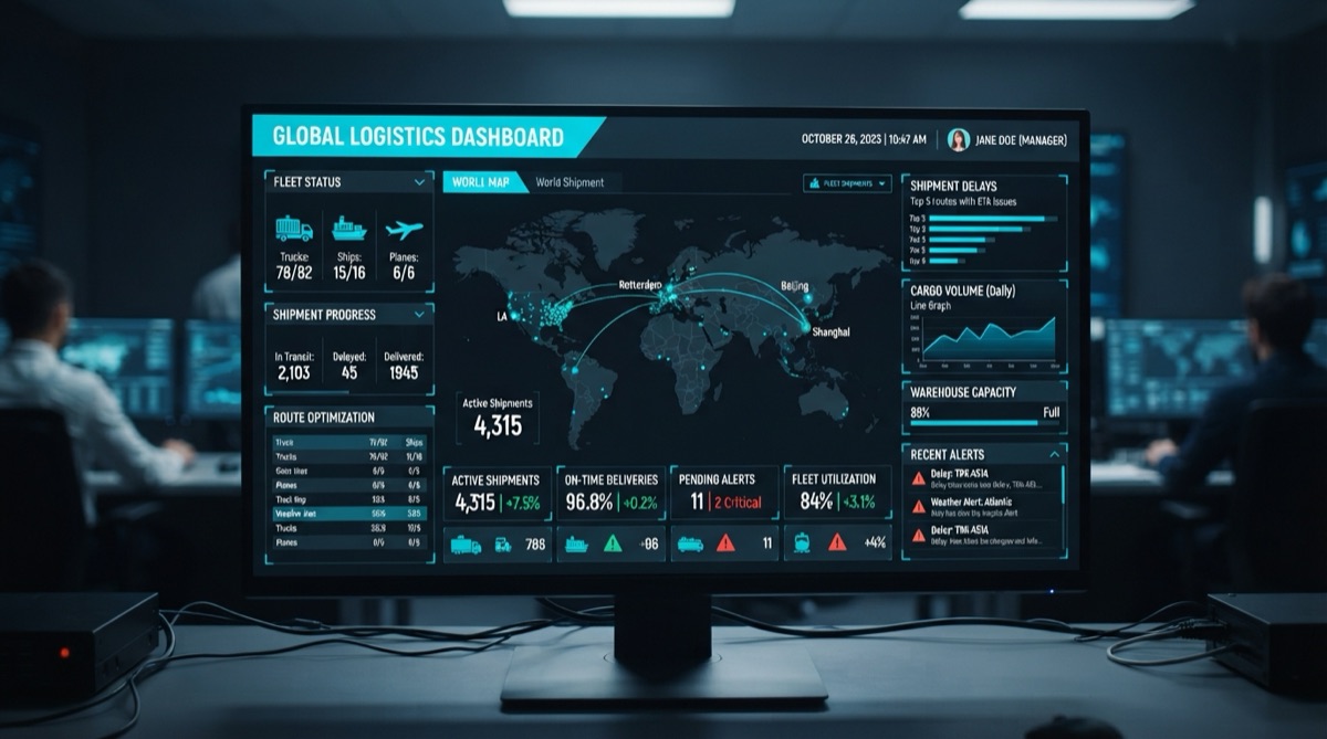 A modern logistics dashboard on a dark gray background with cyan highlights, generated by Nano Banana 2 Lite