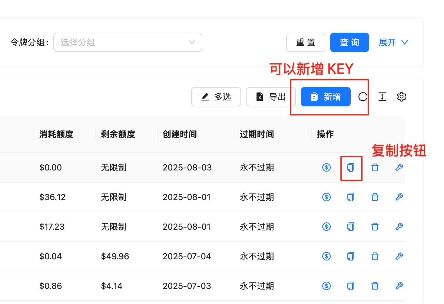 Token Management Interface