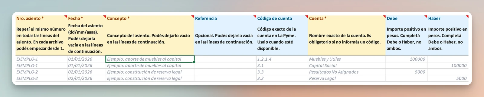 Plantilla para importar asientos manuales con número, fecha, concepto, cuenta, debe y haber
