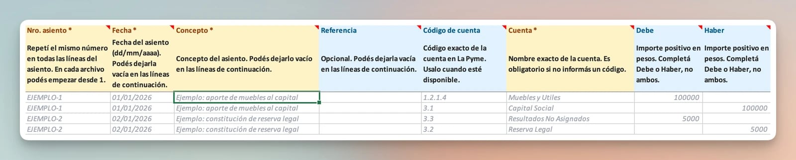 Plantilla para importar asientos manuales con número, fecha, concepto, cuenta, debe y haber
