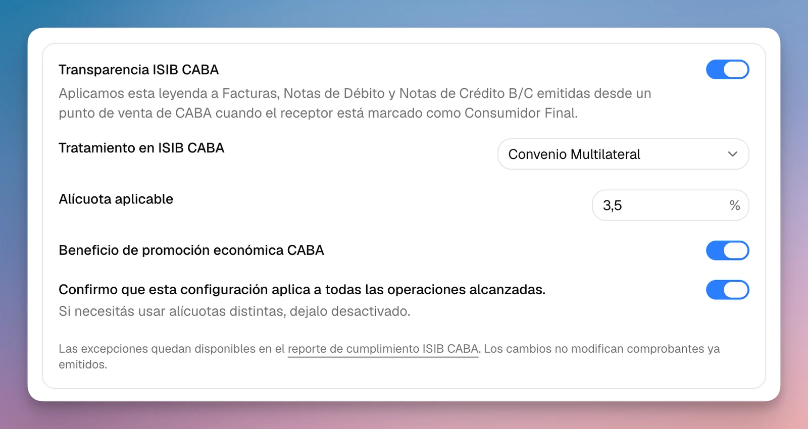 Configuración de Transparencia ISIB CABA con tratamiento impositivo, alícuota y confirmación