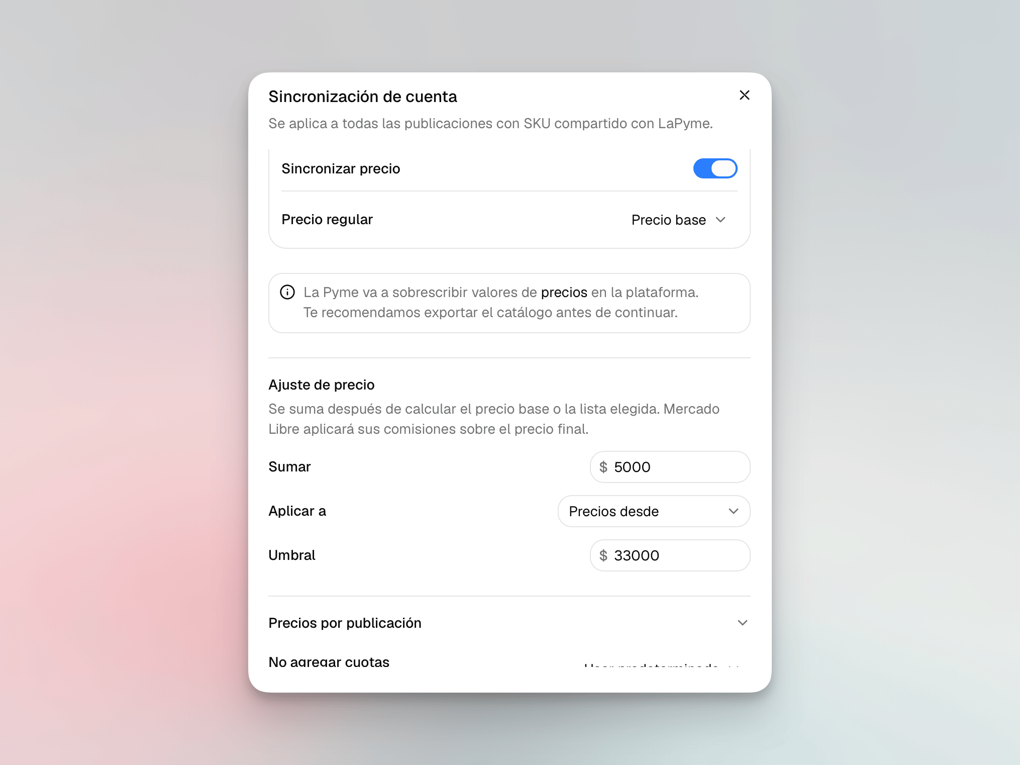 Configuración de sincronización de Mercado Libre con un precio fijo adicional y un umbral