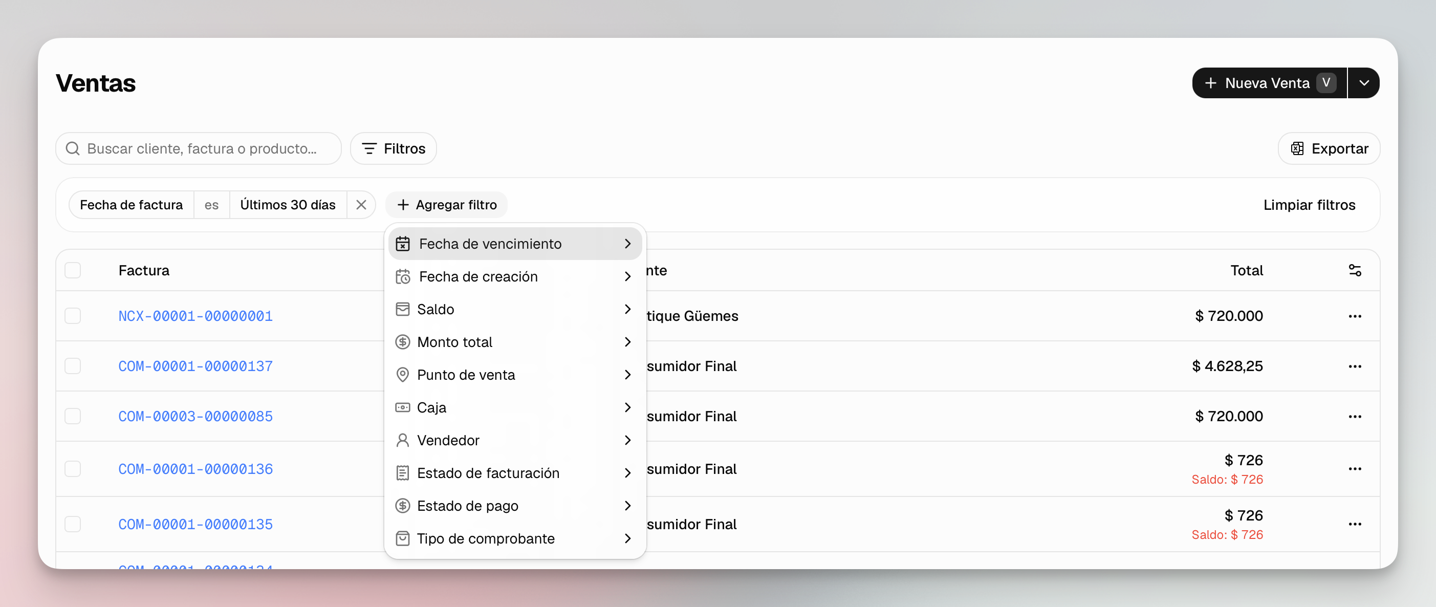 Lista de Ventas con filtros combinables por fecha, saldo, importe, punto de venta y otros campos