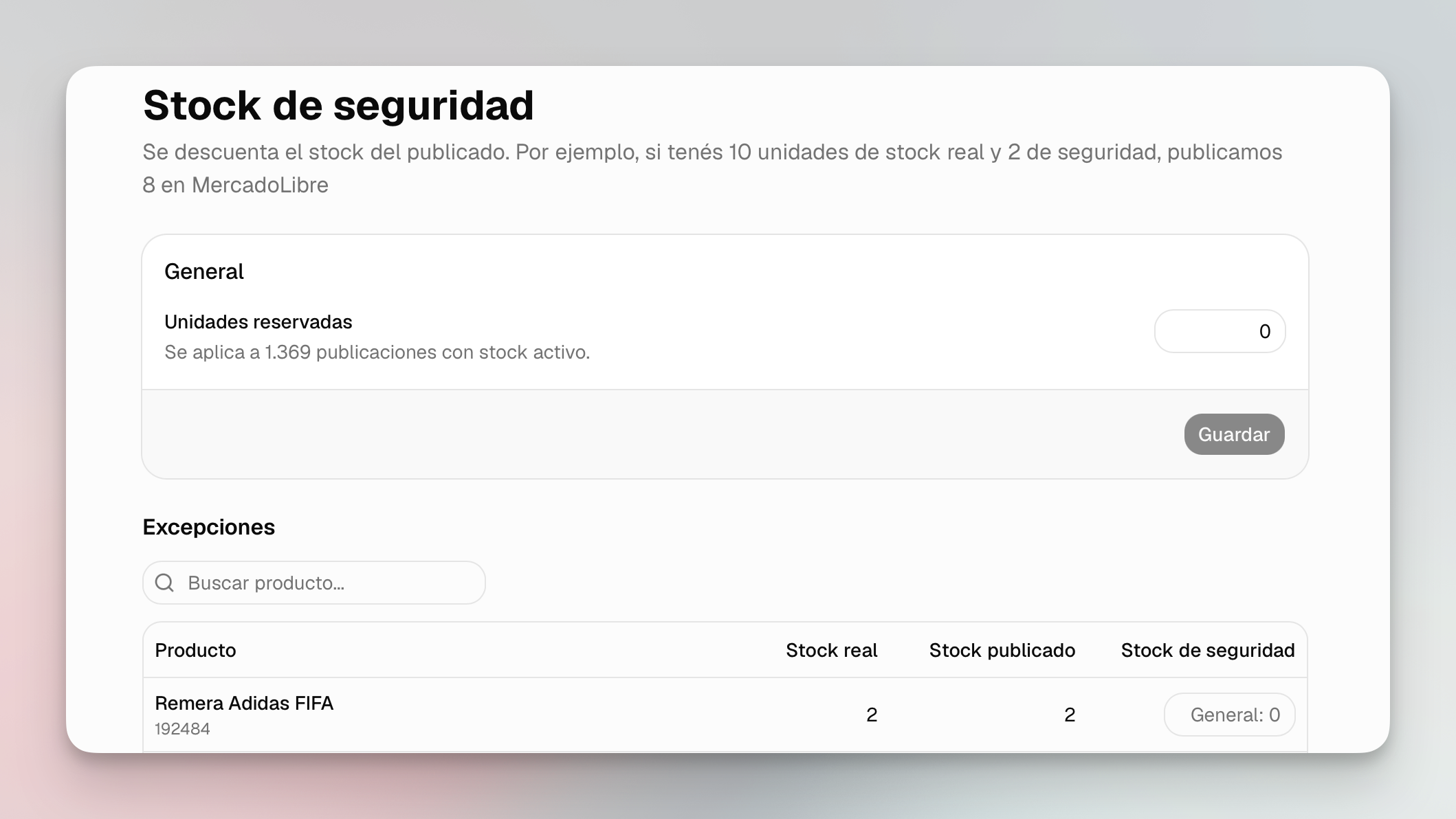 Configuración de Stock de seguridad de Mercado Libre con una cantidad general y excepciones por producto