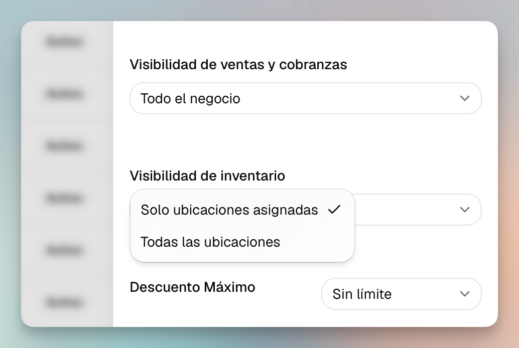 Configuración de un integrante con opciones para ver el inventario de las ubicaciones asignadas o de todas las ubicaciones