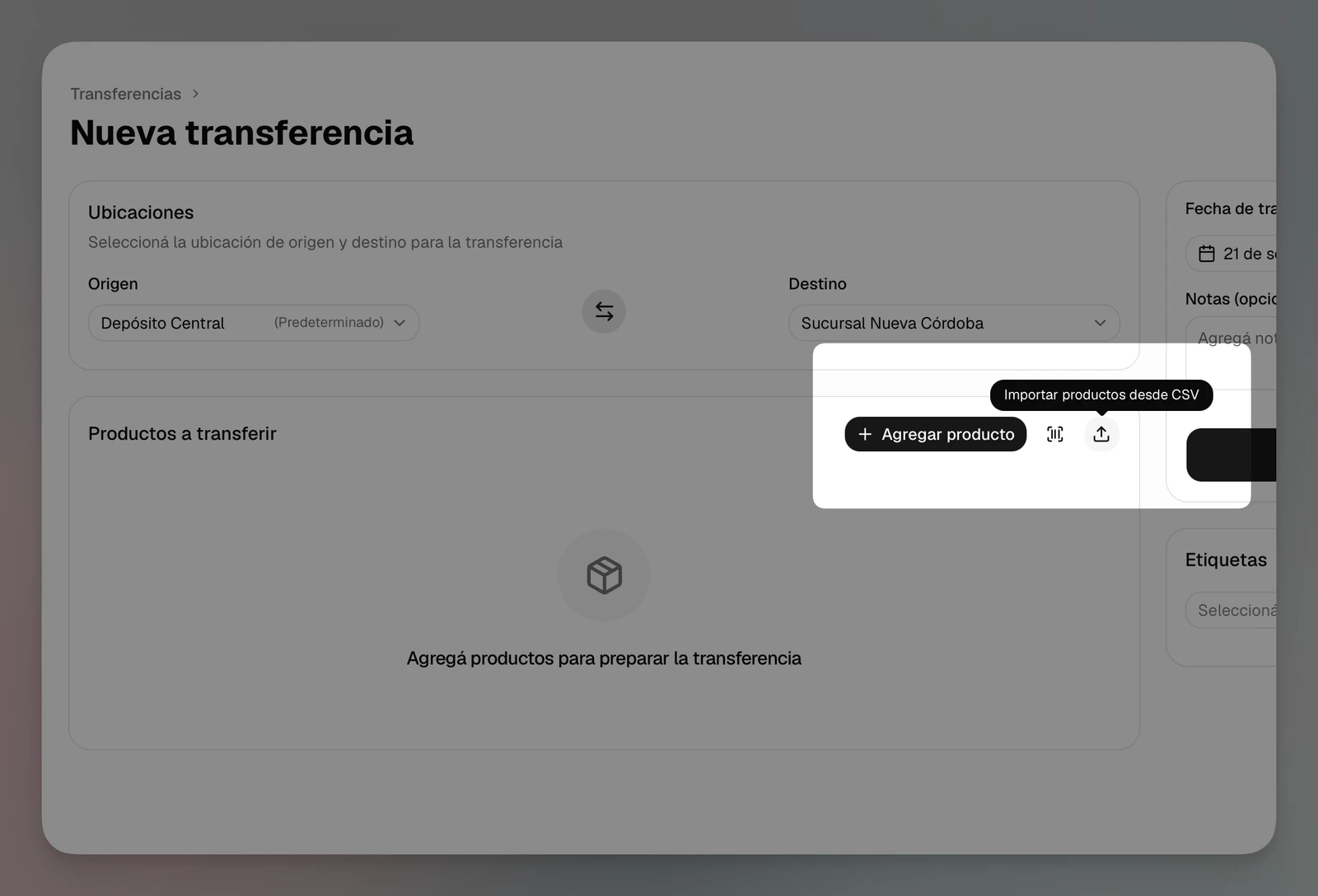 Nueva transferencia con la acción para importar productos desde un archivo CSV