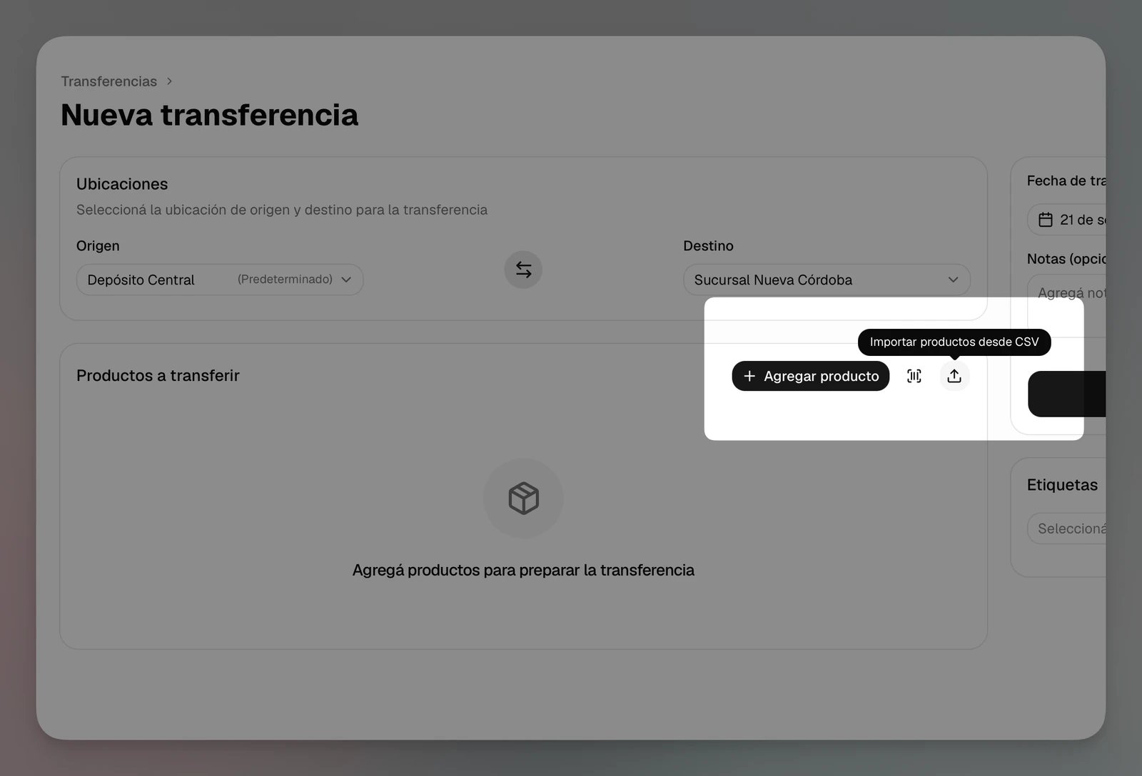 Nueva transferencia con la acción para importar productos desde un archivo CSV