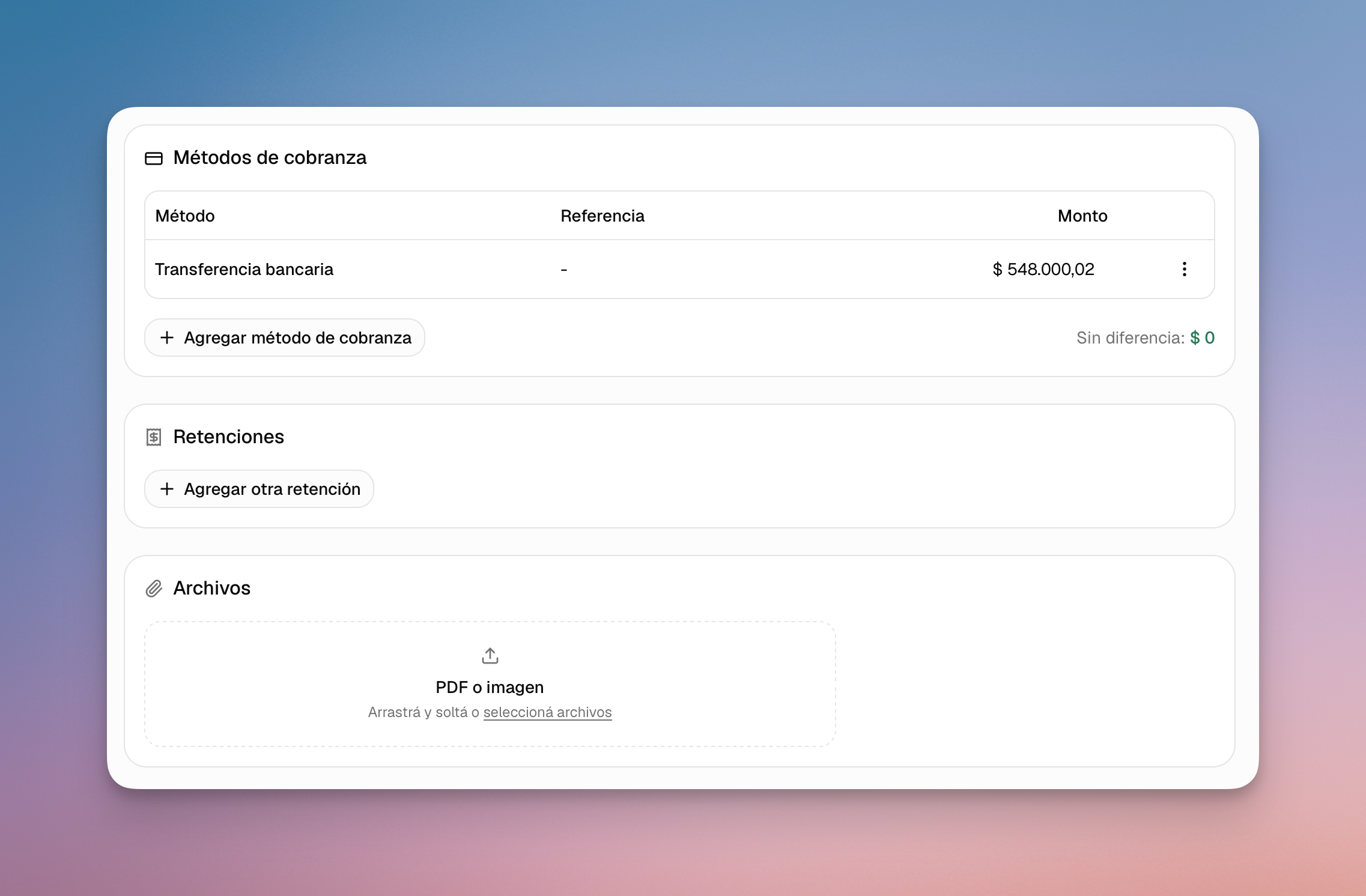 Formulario de cobranza con métodos, retenciones y un área para adjuntar PDF o imágenes
