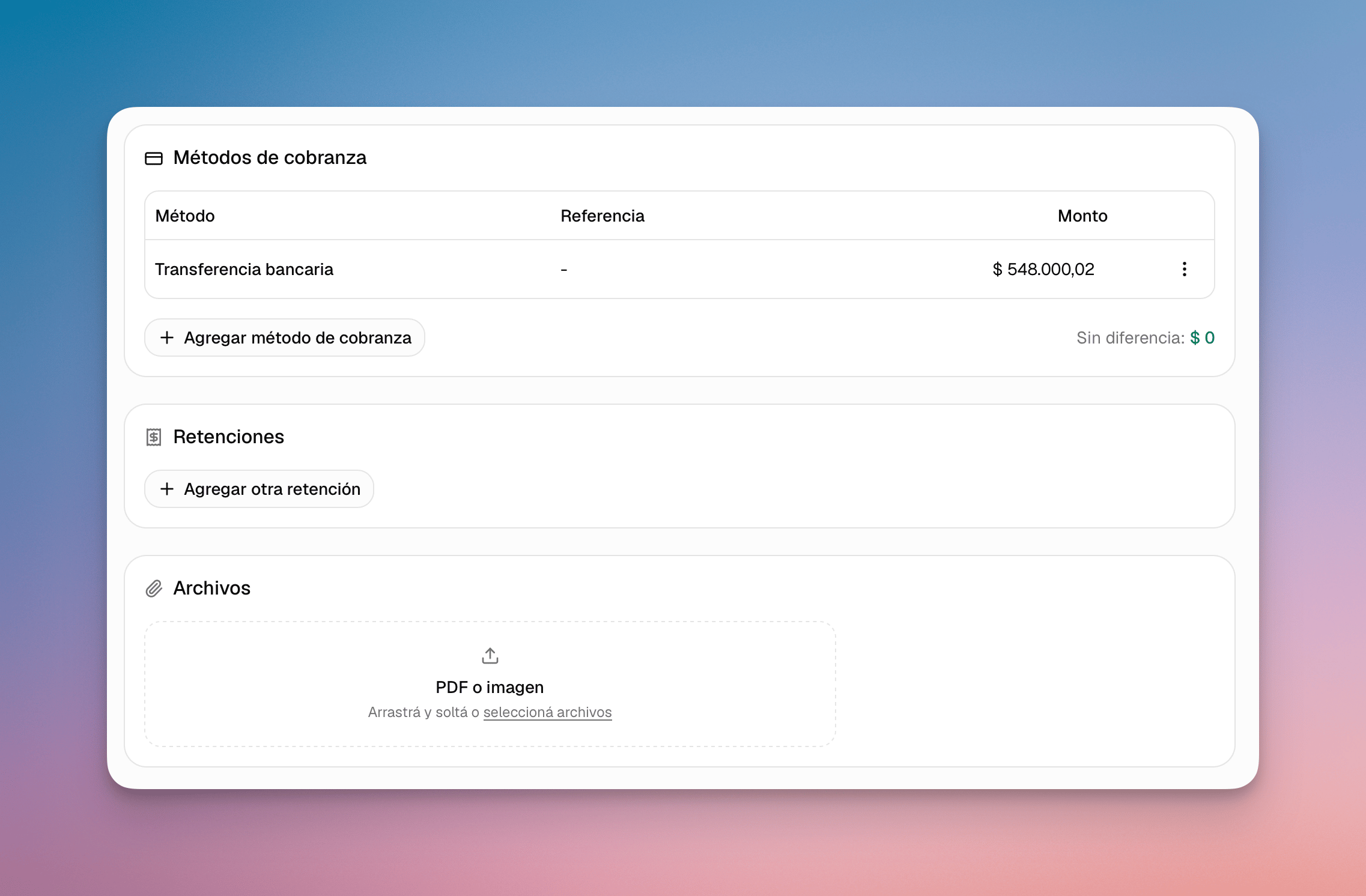 Formulario de cobranza con métodos, retenciones y un área para adjuntar PDF o imágenes