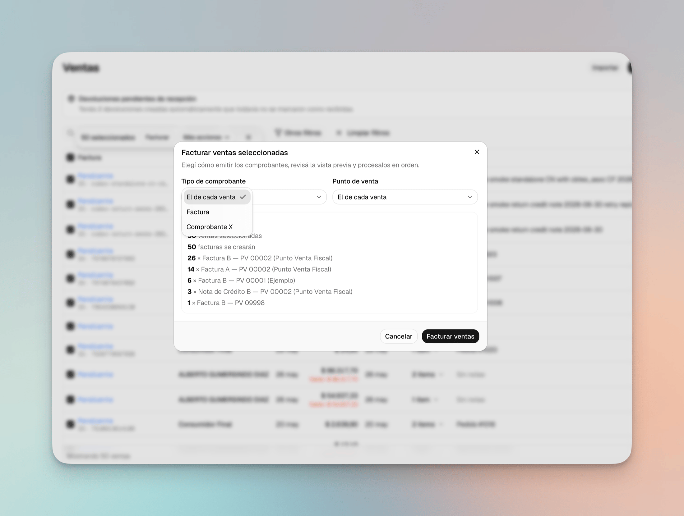 Vista previa para facturar ventas seleccionadas por tipo de comprobante y punto de venta