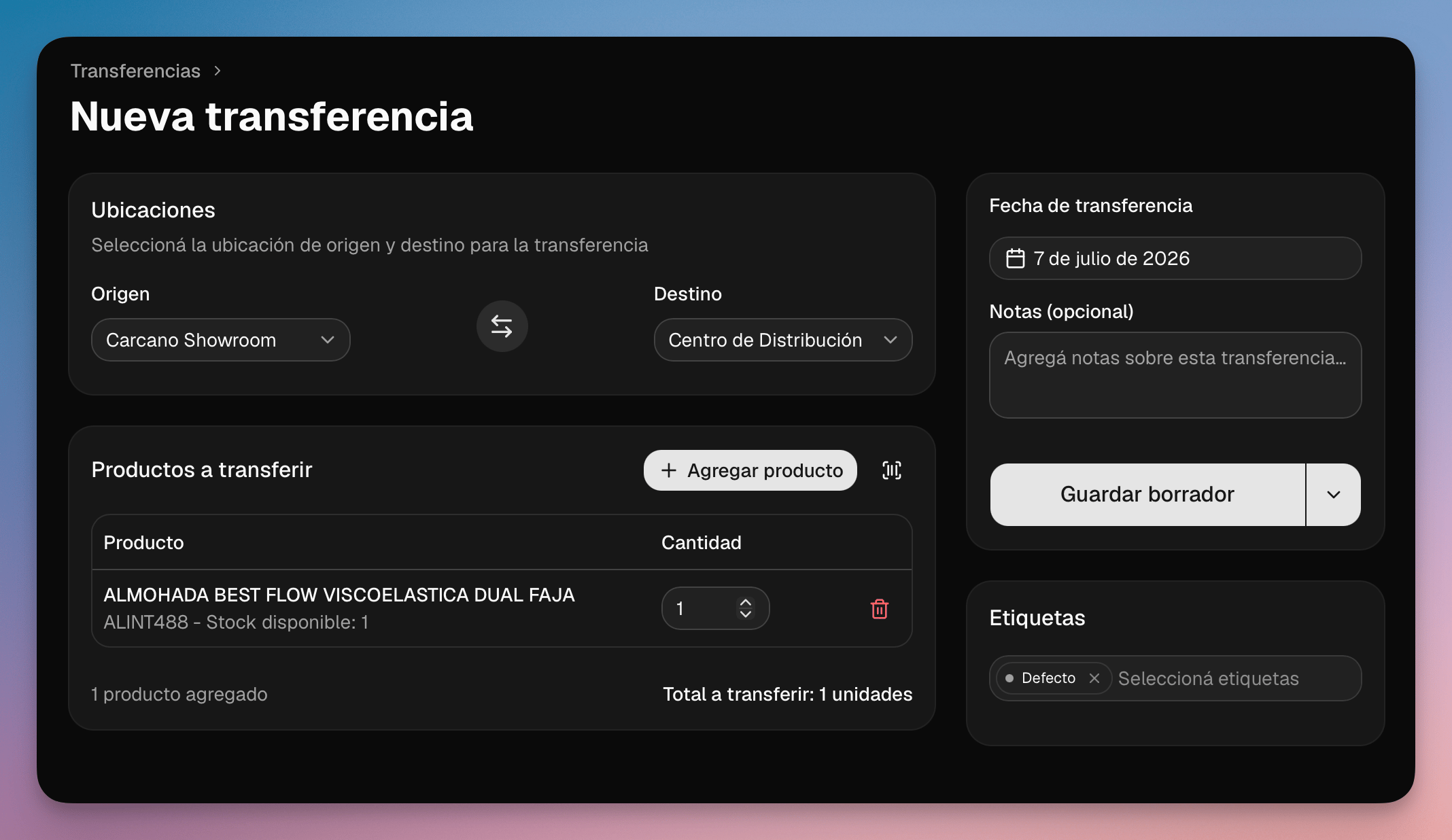 Nueva transferencia con selector de etiquetas para organizar la operación