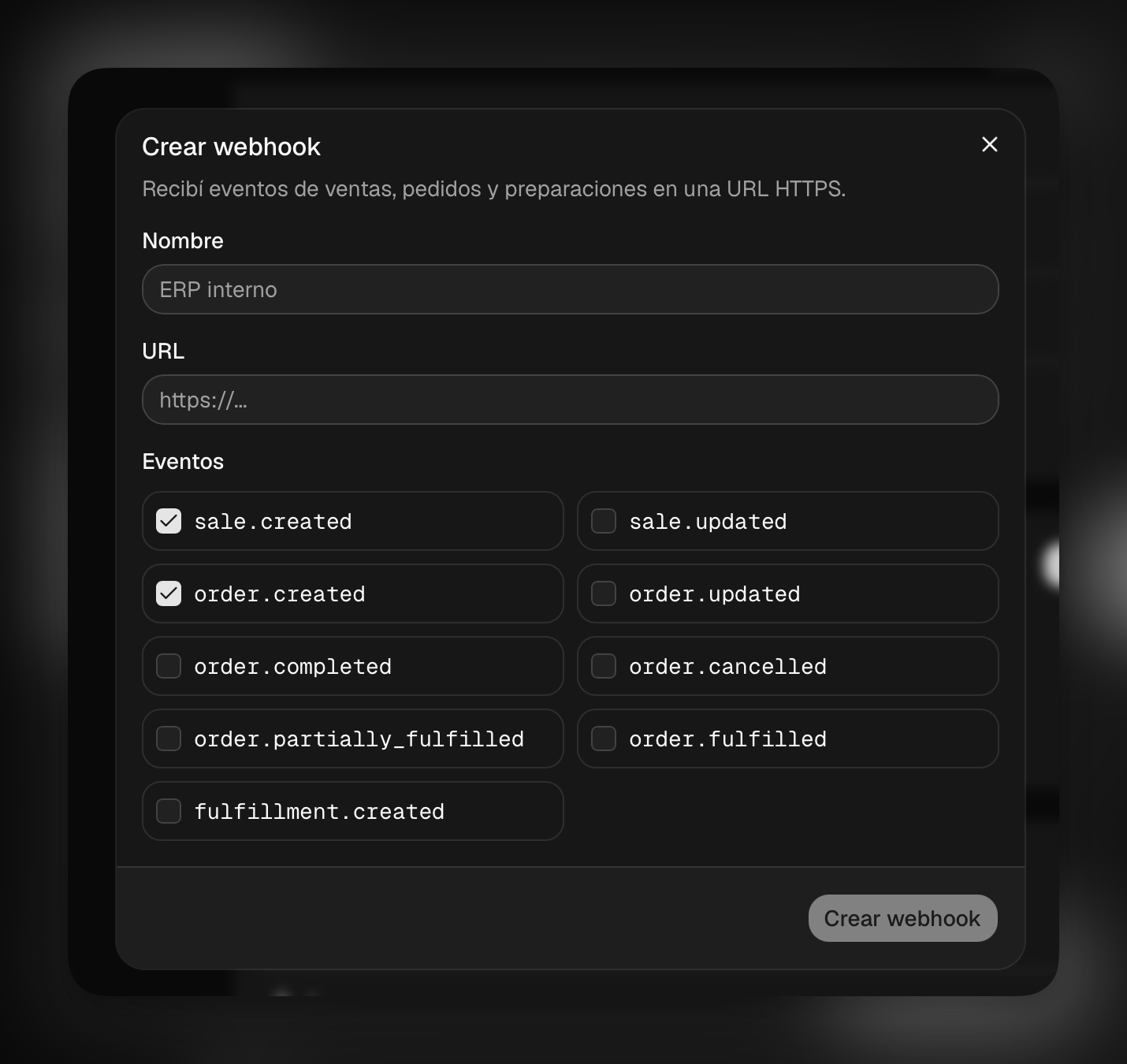 Diálogo para crear un webhook y seleccionar eventos de ventas, pedidos y entregas
