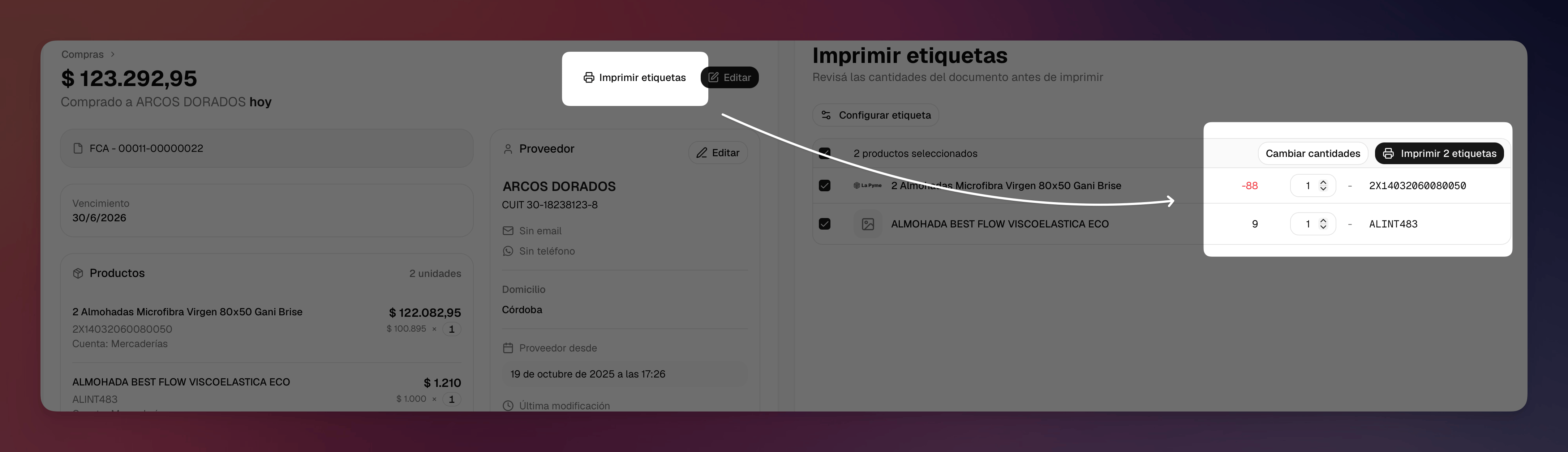 Pantalla de impresión de etiquetas preparada desde una compra en La Pyme
