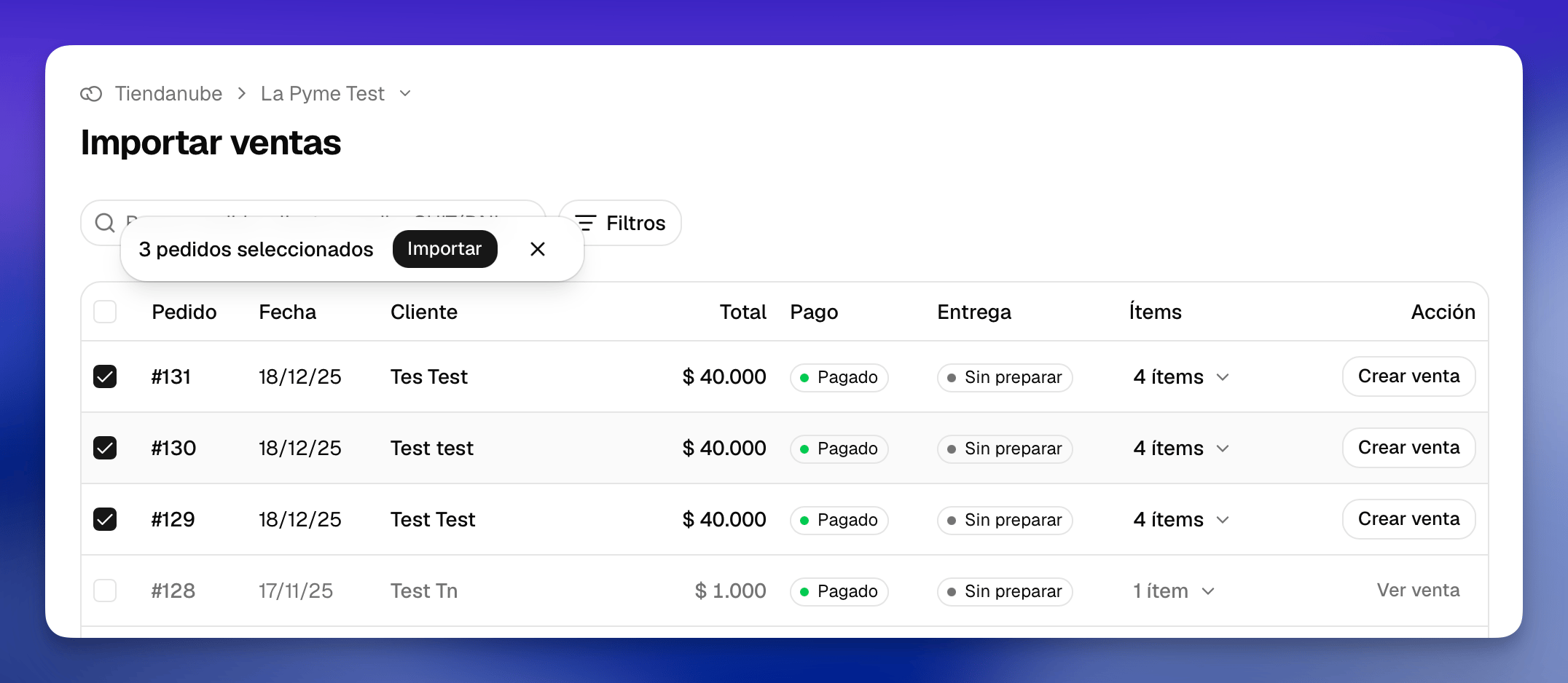 Revisión manual de pedidos de Tiendanube antes de importarlos en La Pyme
