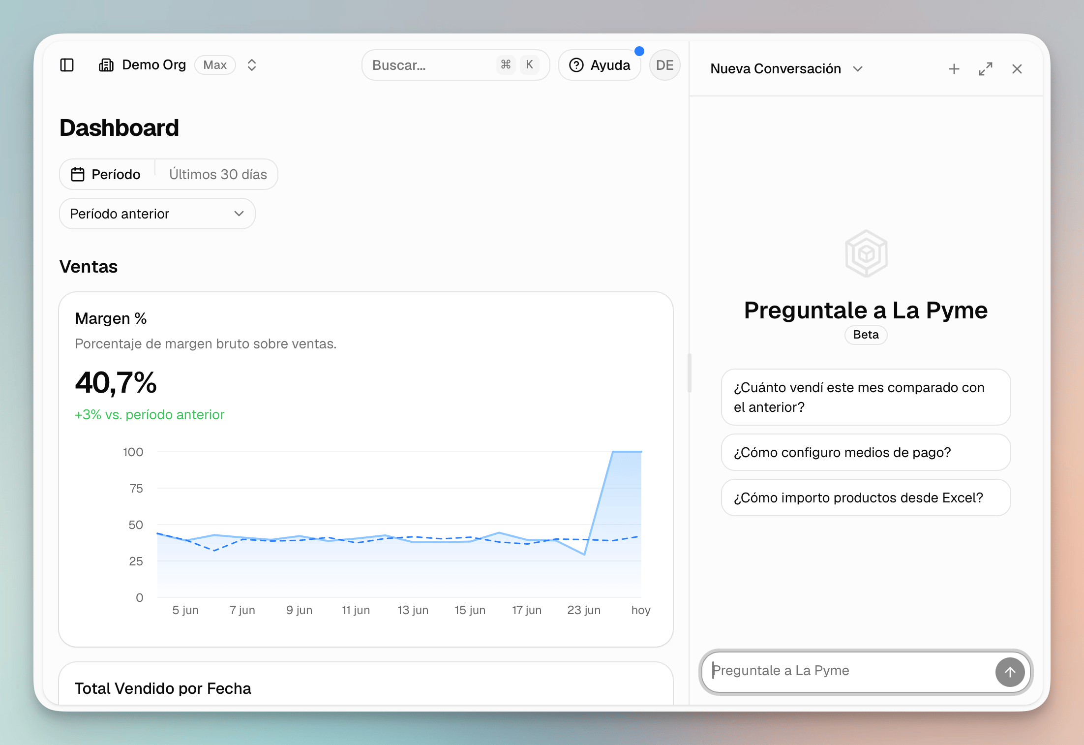 Panel del agente de La Pyme abierto junto al dashboard de reportes