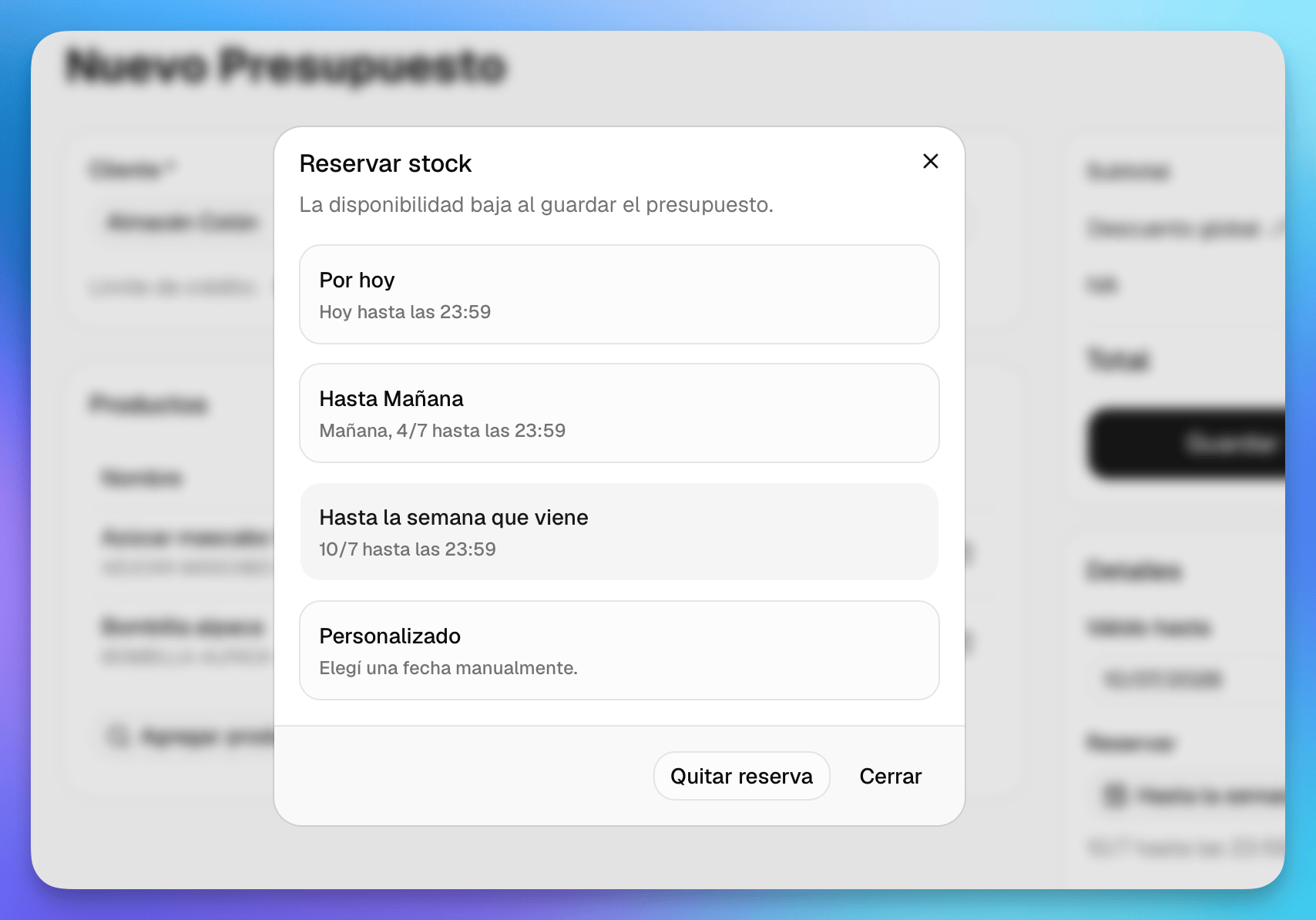 Diálogo para reservar stock en un presupuesto de La Pyme