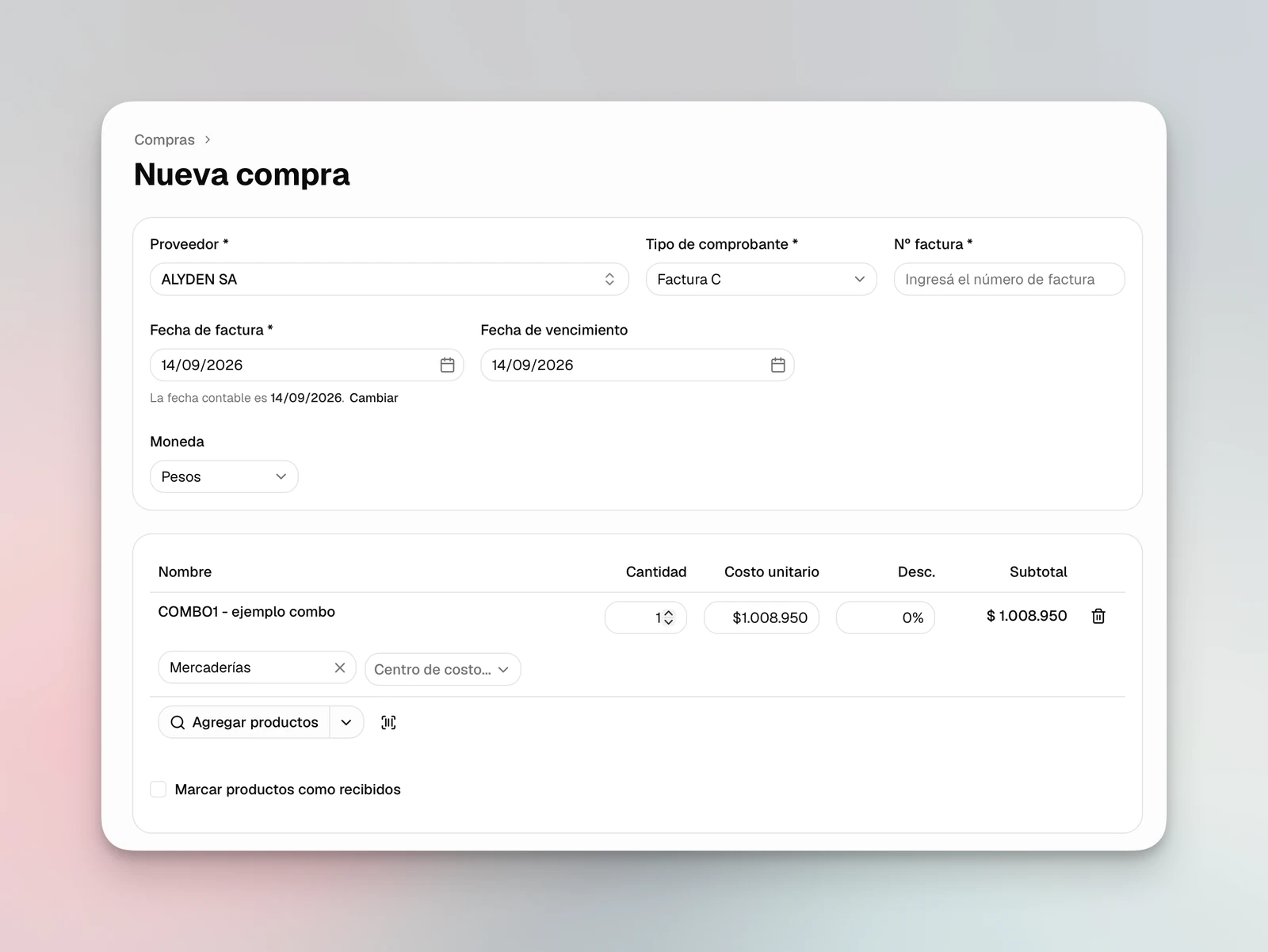 Formulario de nueva compra con un combo, su cantidad, costo unitario y opción para marcar los productos como recibidos