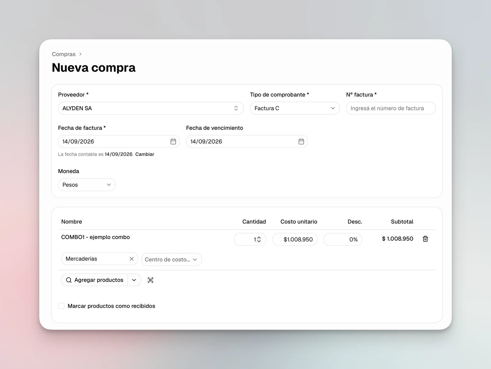 Formulario de nueva compra con un combo, su cantidad, costo unitario y opción para marcar los productos como recibidos