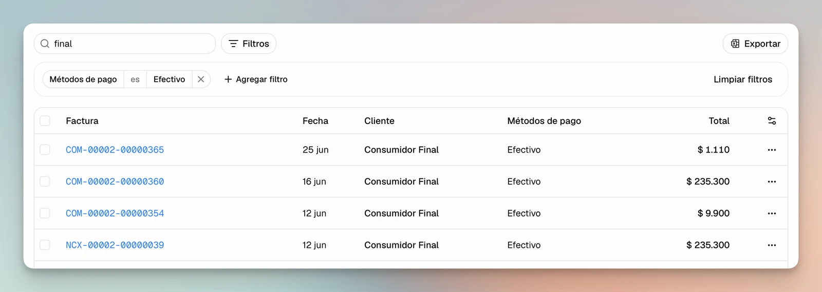 Listado de ventas filtrado por el medio de pago Efectivo, con la columna Métodos de pago visible
