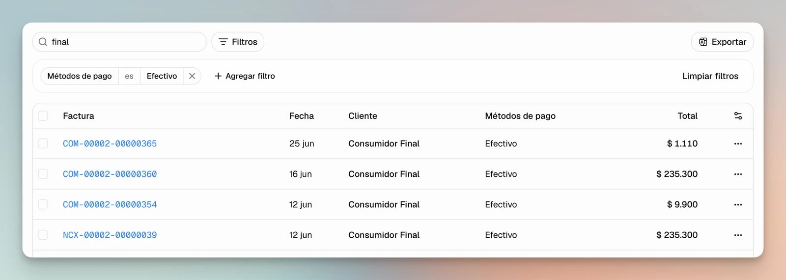 Listado de ventas filtrado por el medio de pago Efectivo, con la columna Métodos de pago visible