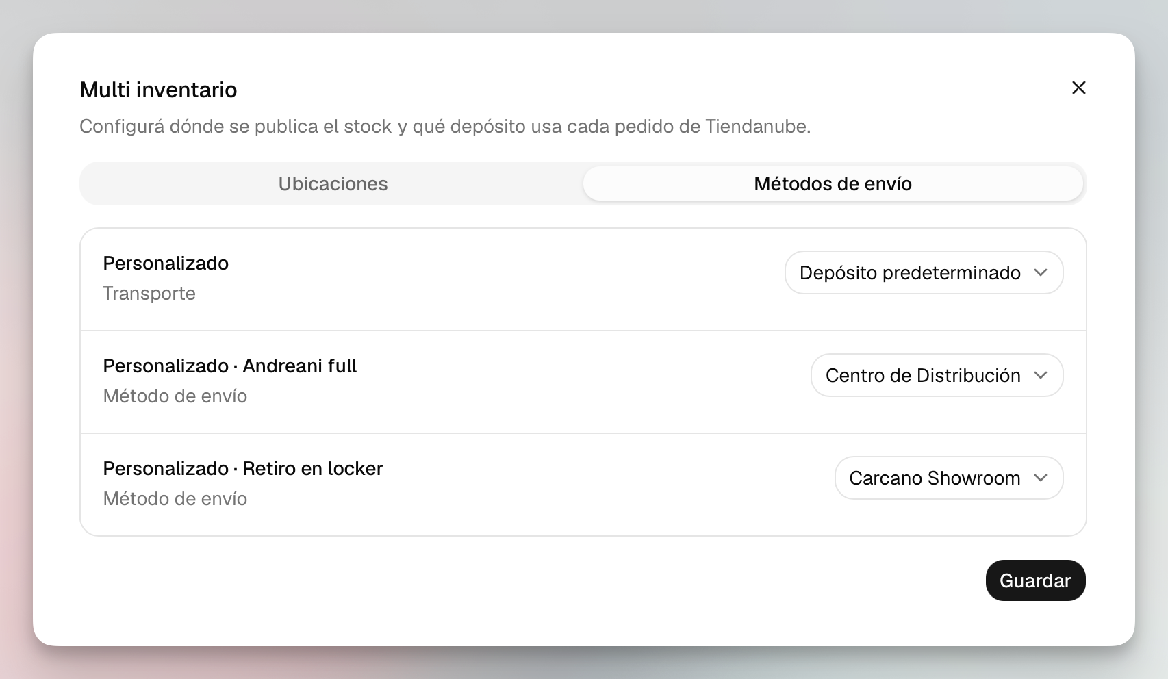 Configuración de Multi inventario de Tiendanube con depósitos asignados a distintos métodos de envío