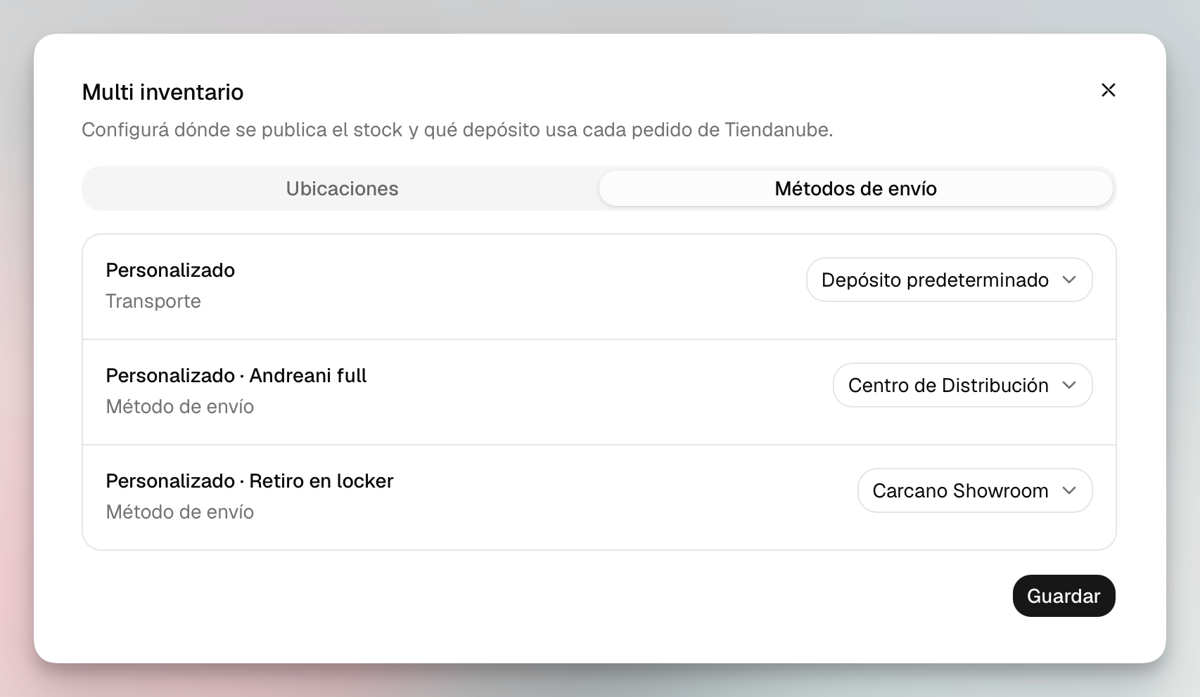 Configuración de Multi inventario de Tiendanube con depósitos asignados a distintos métodos de envío