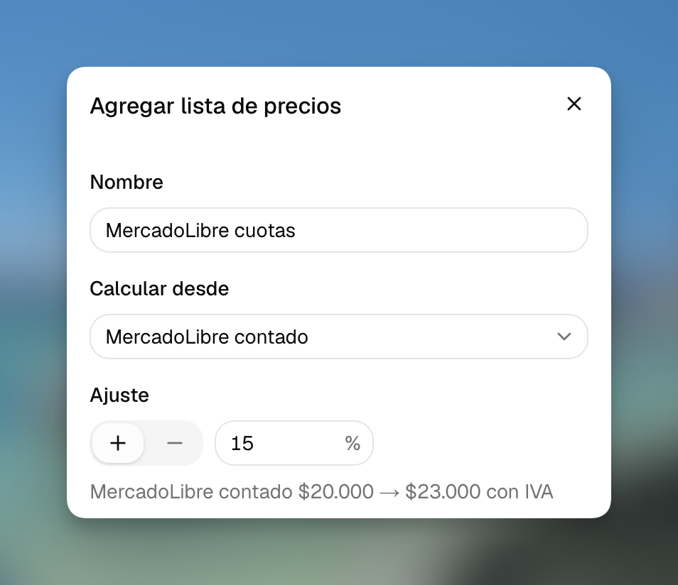 Formulario para crear una lista de precios con otra lista como origen y un ajuste porcentual