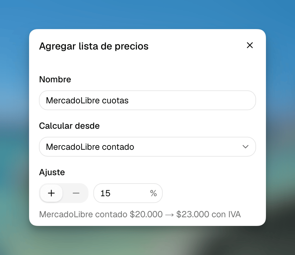 Formulario para crear una lista de precios con otra lista como origen y un ajuste porcentual