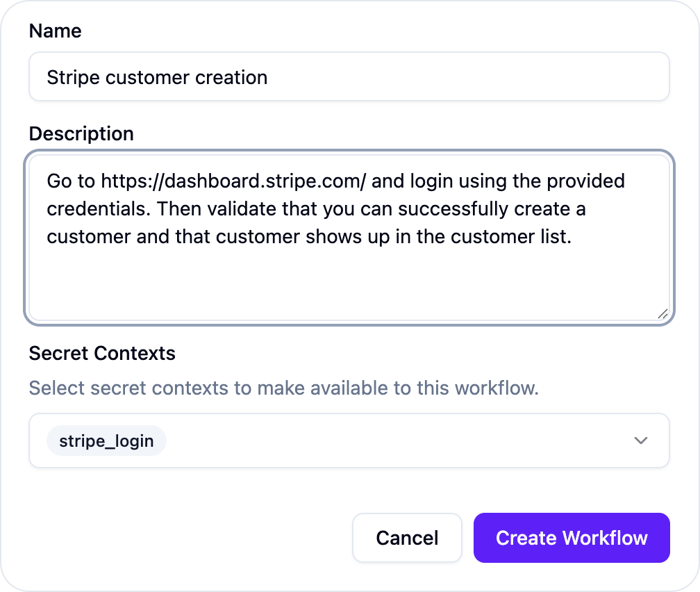 Screenshot showing how to create a testing workflow in dashboard.
