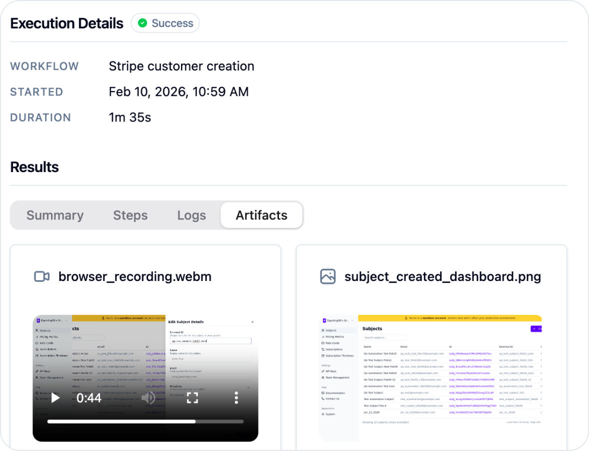 Screenshot showing the result of a workflow execution in dashboard.
