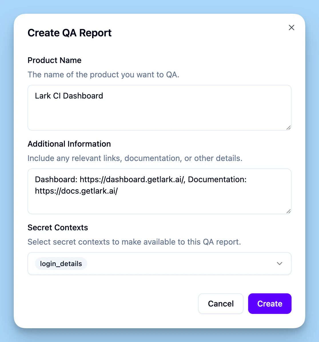 Screenshot showing how to create a QA report in dashboard.