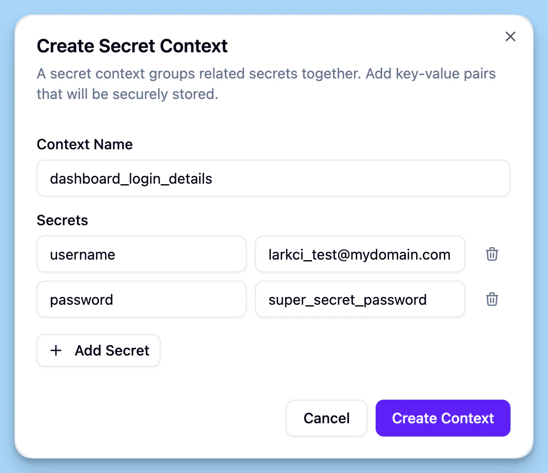 Screenshot showing how to create secret contexts in dashboard.
