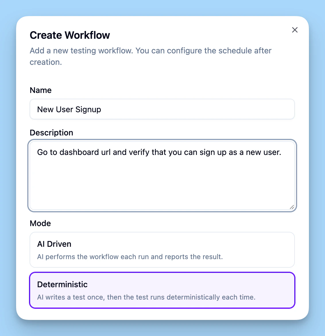 Screenshot showing how to create a testing workflow in dashboard.