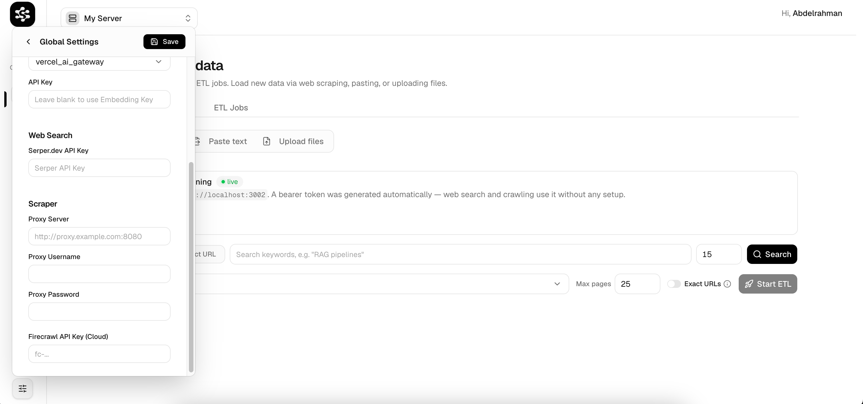 API key settings