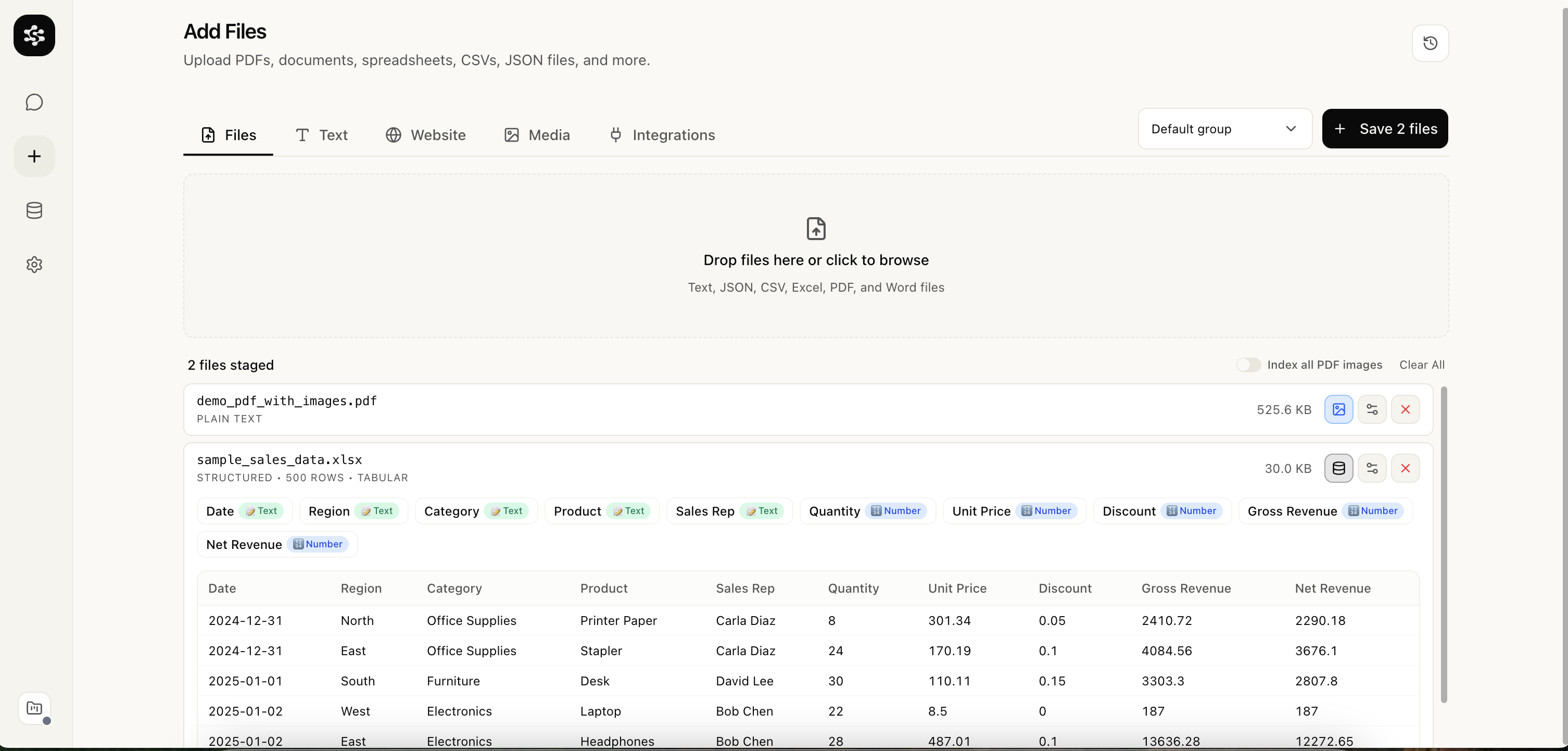 Files tab with a PDF and an Excel schema preview