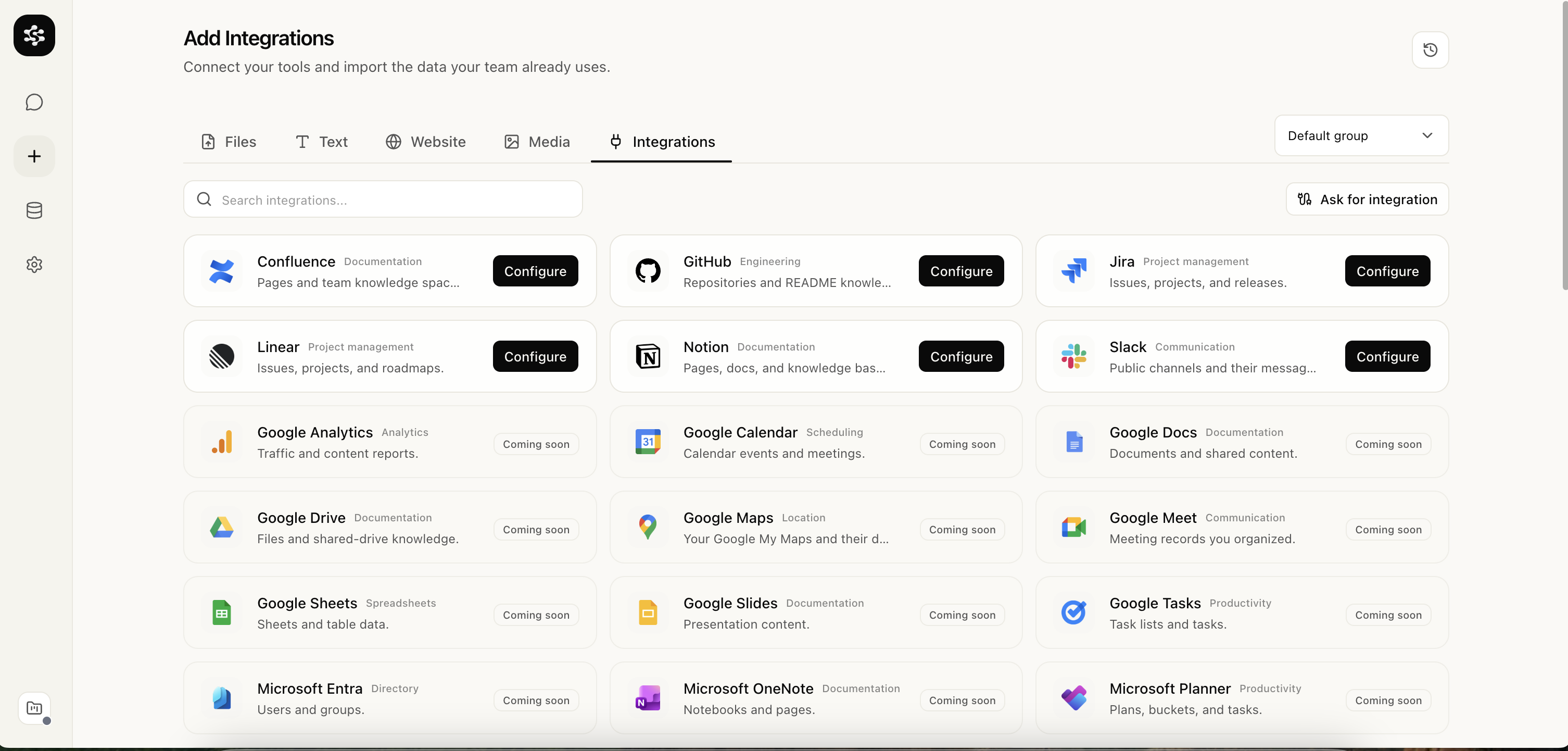 Integrations tab with Notion, GitHub, Jira, Slack, and more