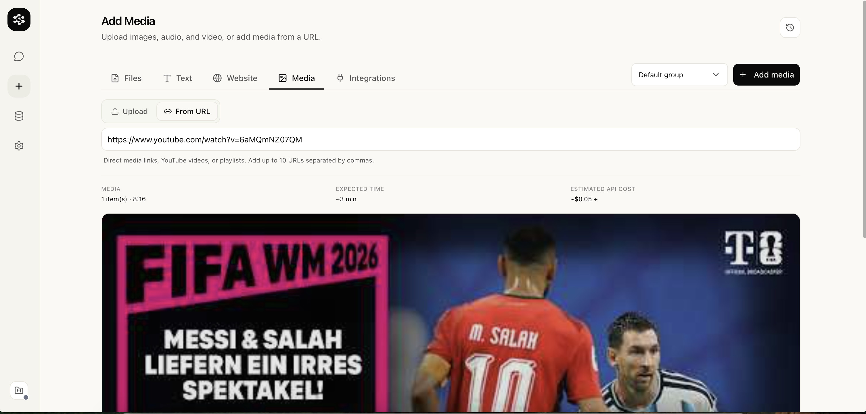 Add Media tab with a YouTube URL import