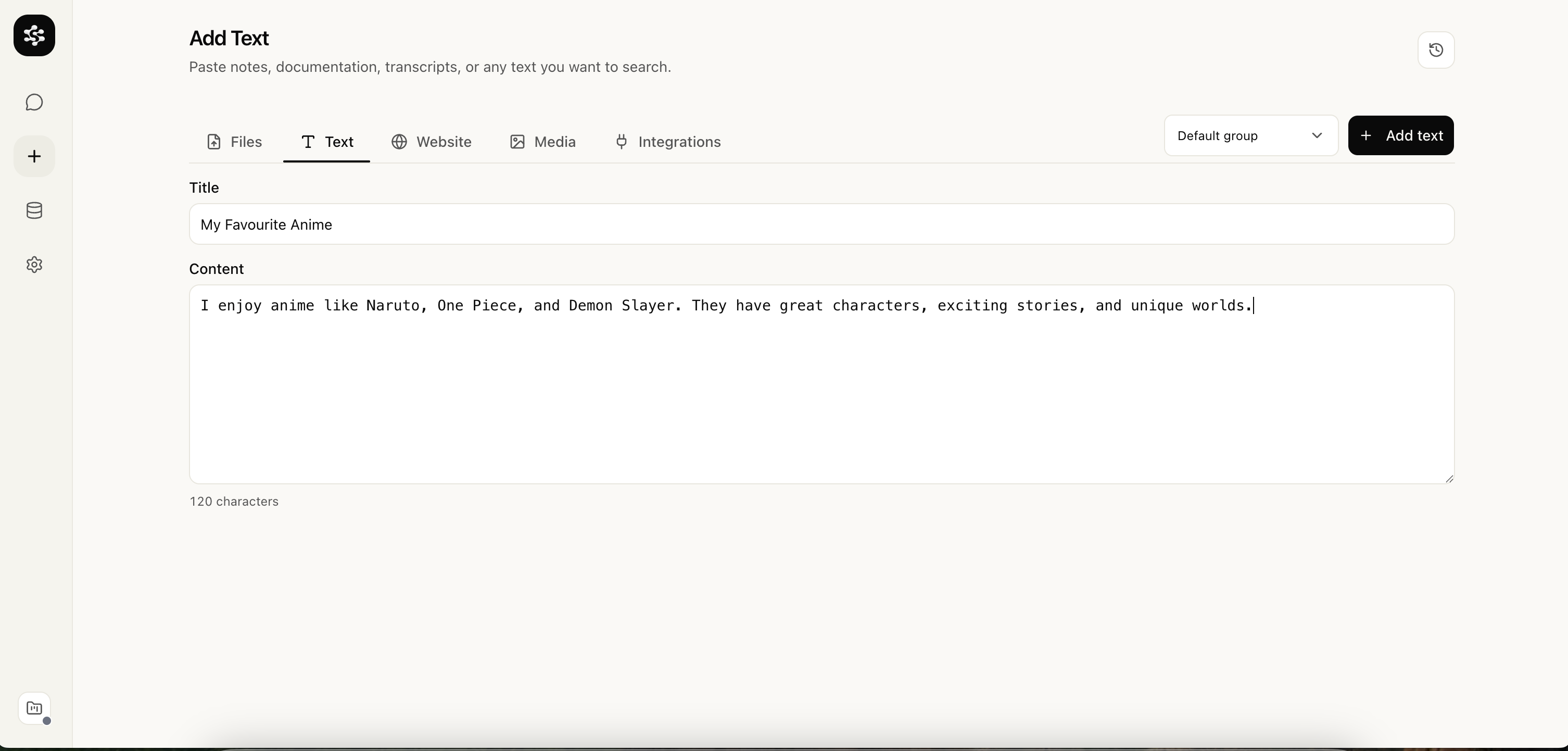 Add Text tab with a title and content field