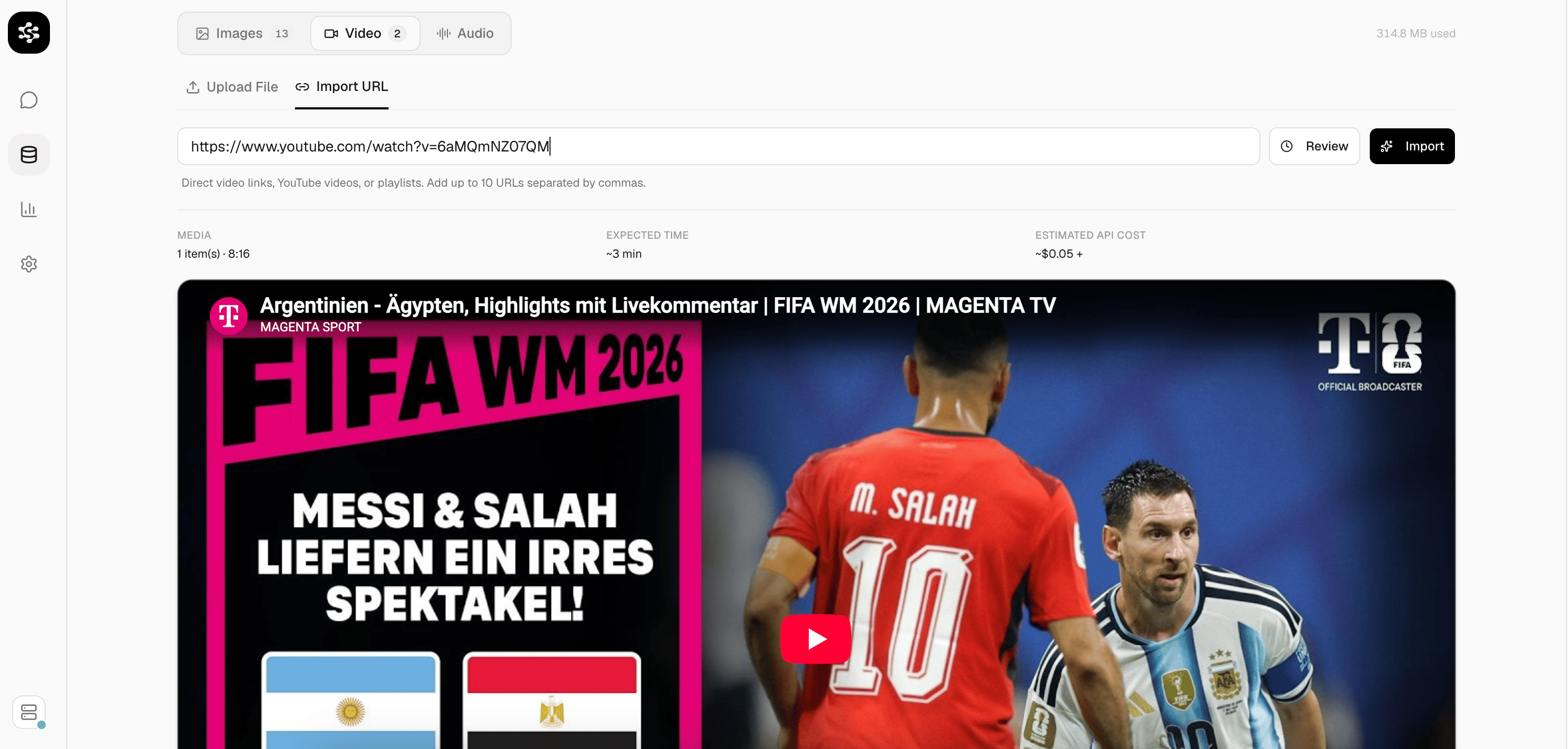 Media tab with YouTube URL import