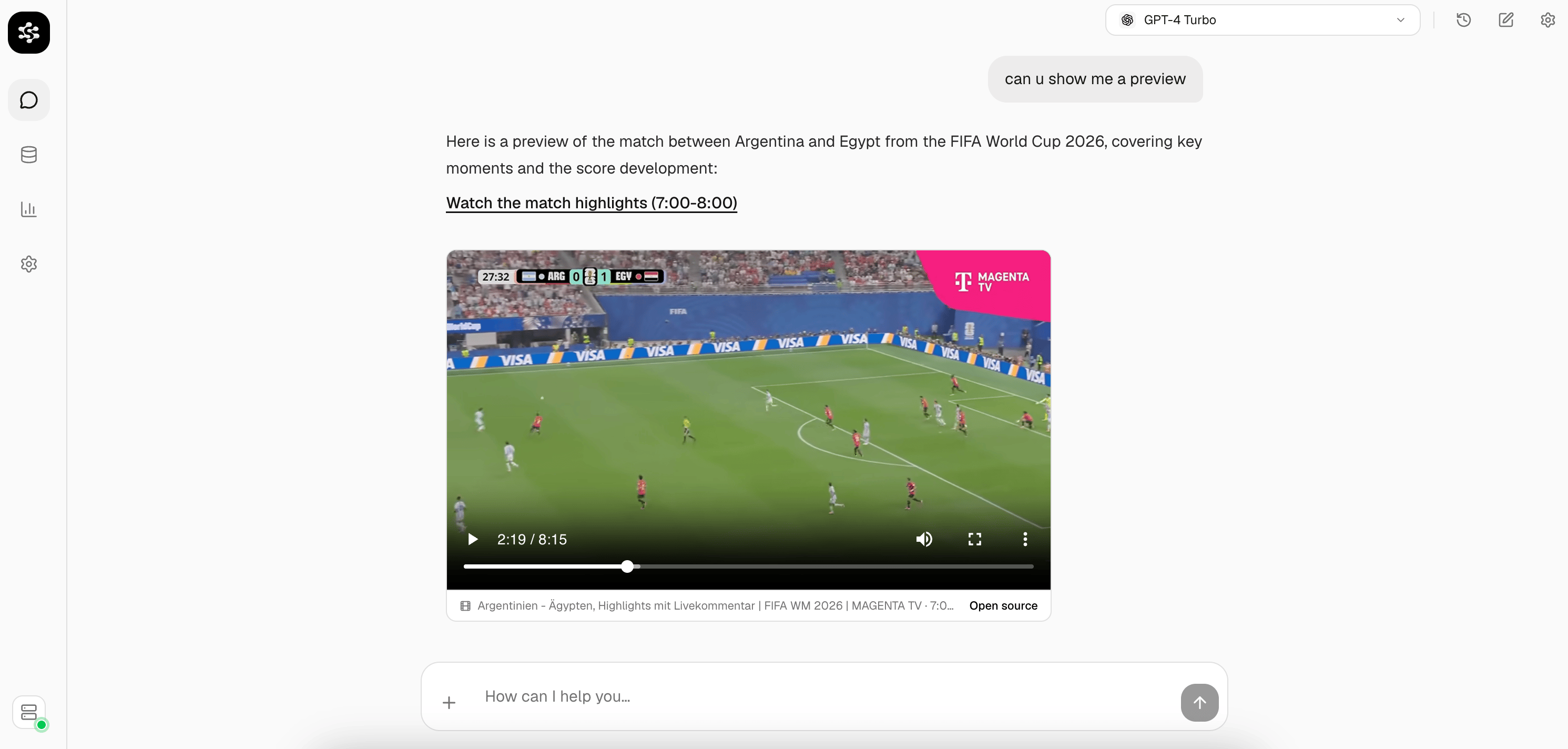 Chat reply with embedded video at cited timestamp