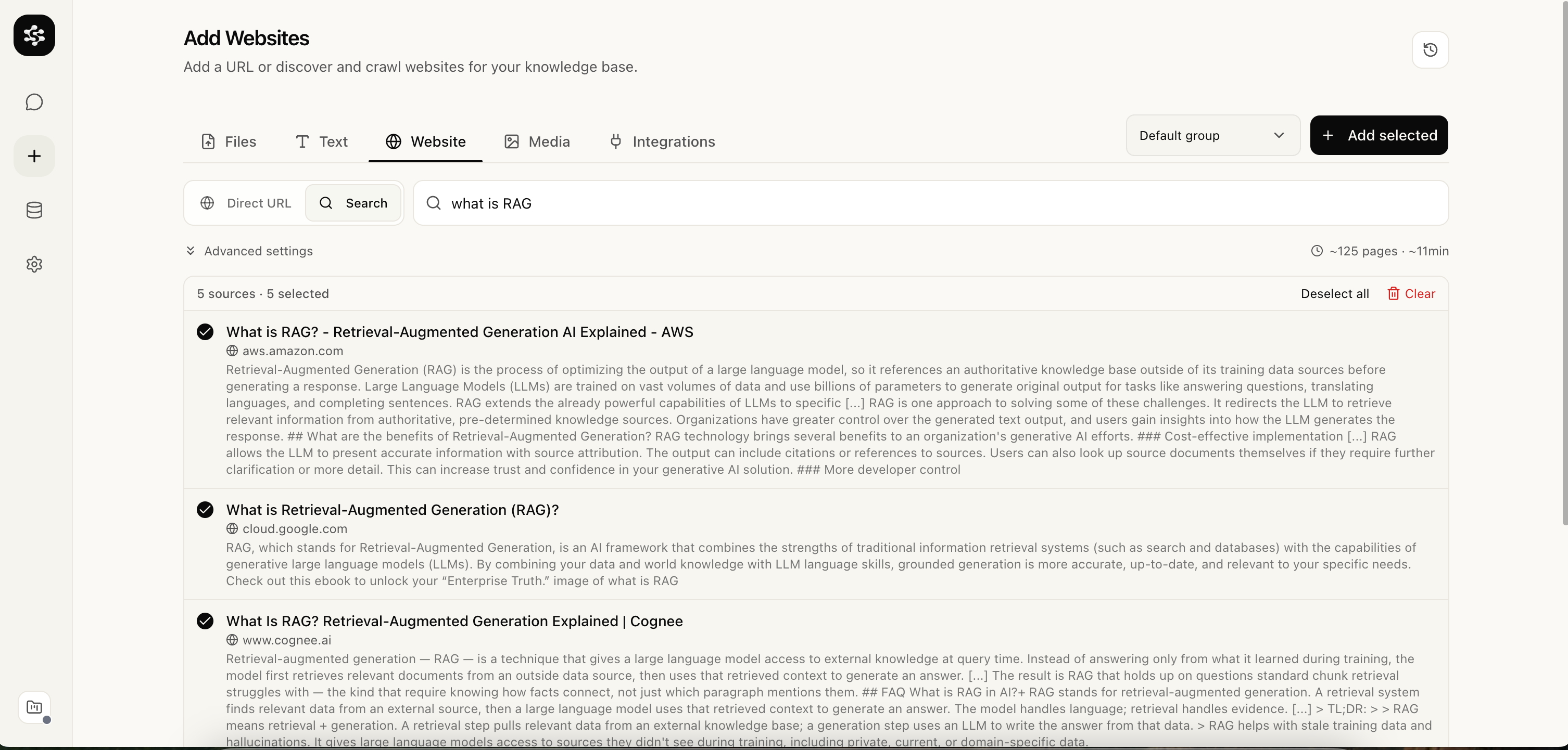 Data page with Files, Text, Website, Media, and Integrations tabs