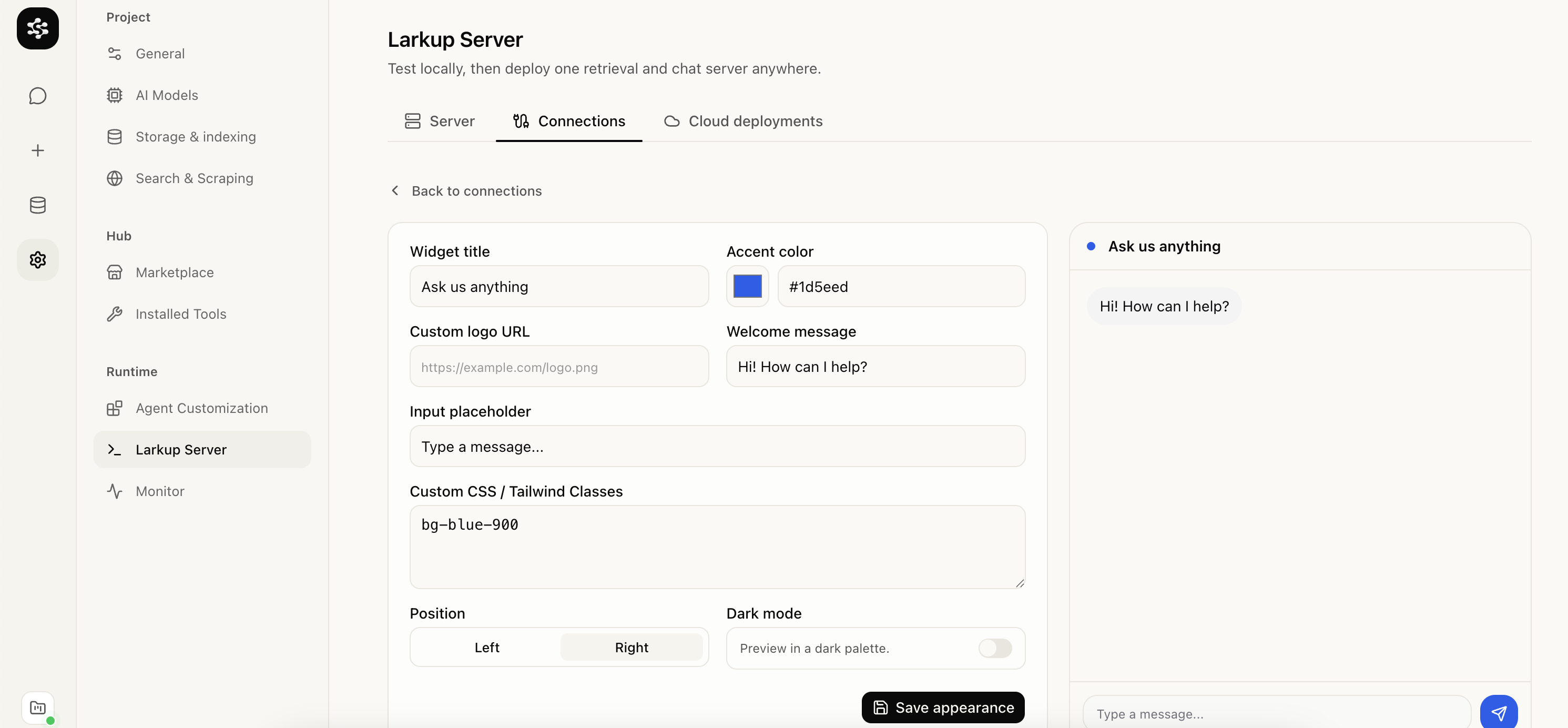 Chat widget appearance form with a live preview