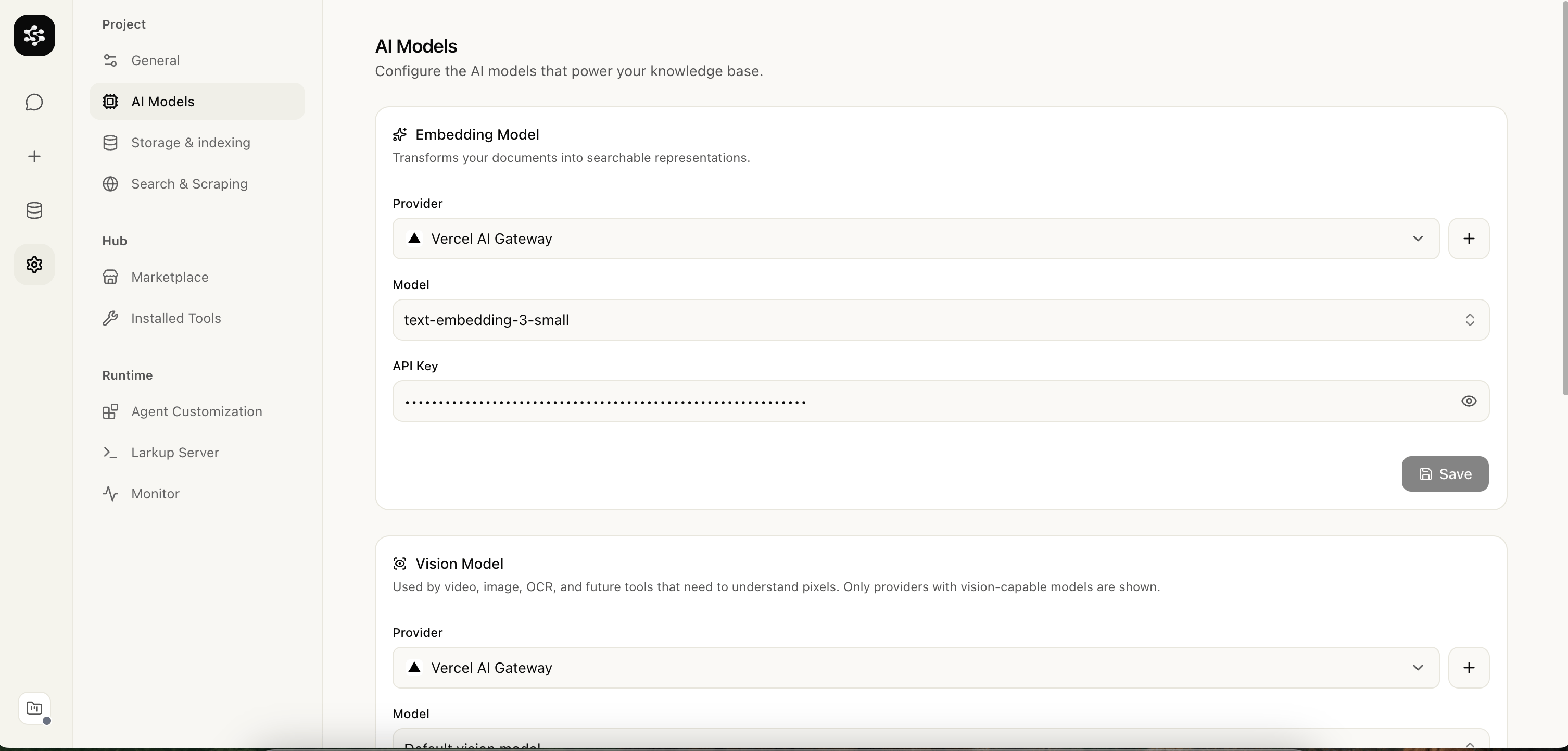 AI Models settings with embedding and vision providers