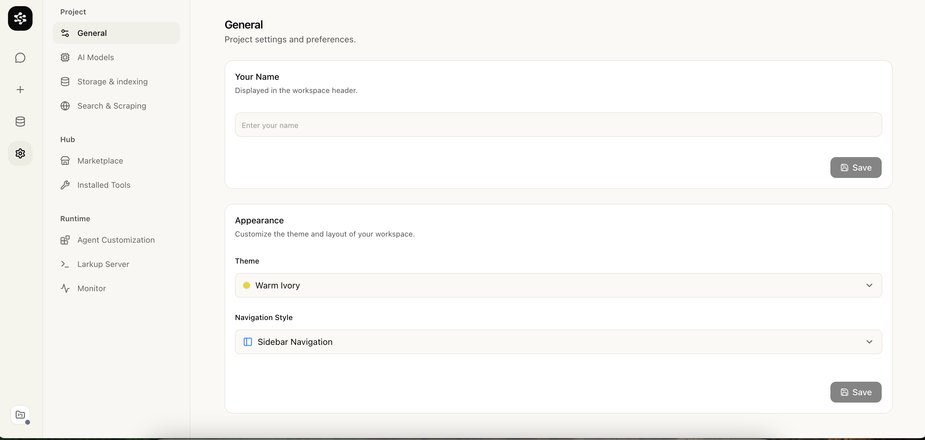 General settings with workspace name and appearance