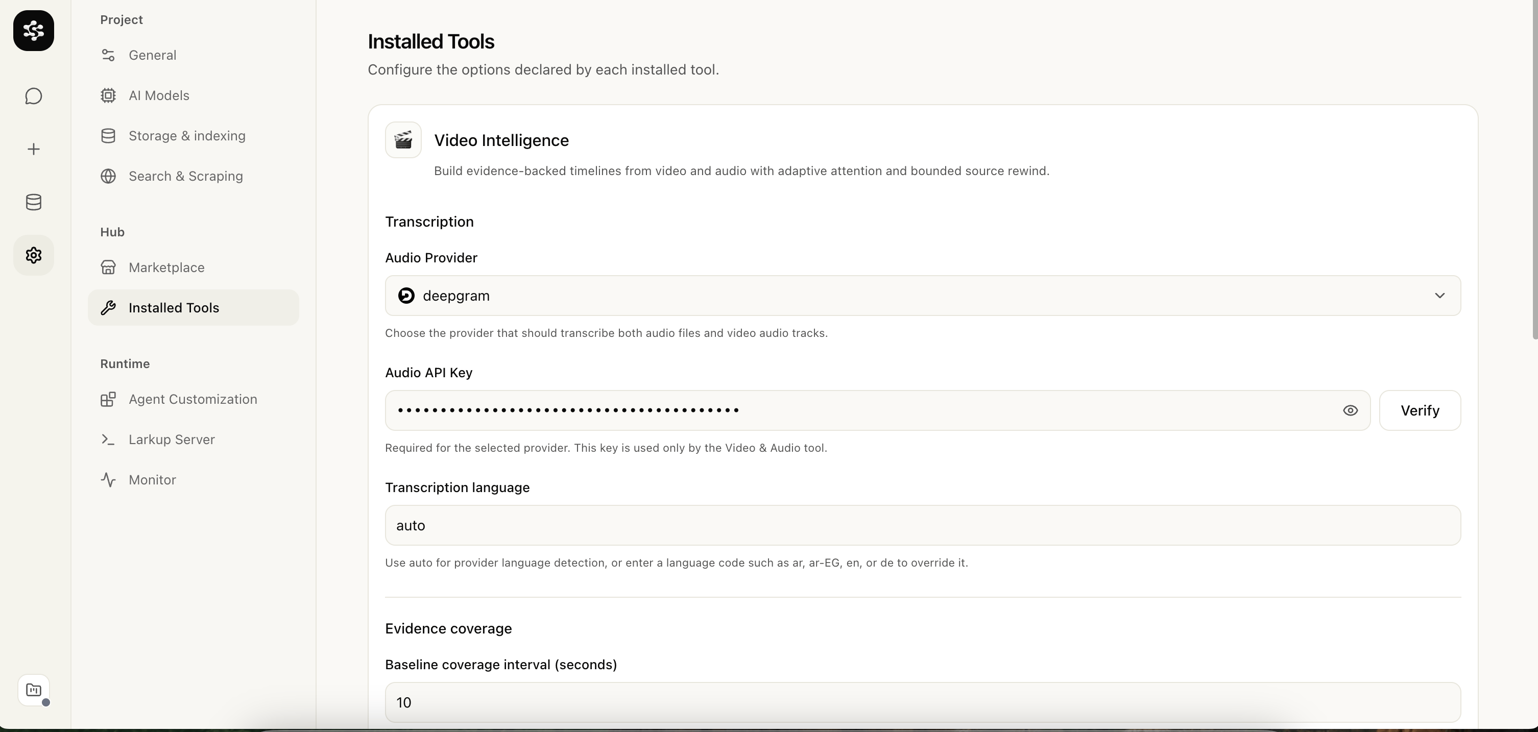 Installed tool settings for Video Intelligence