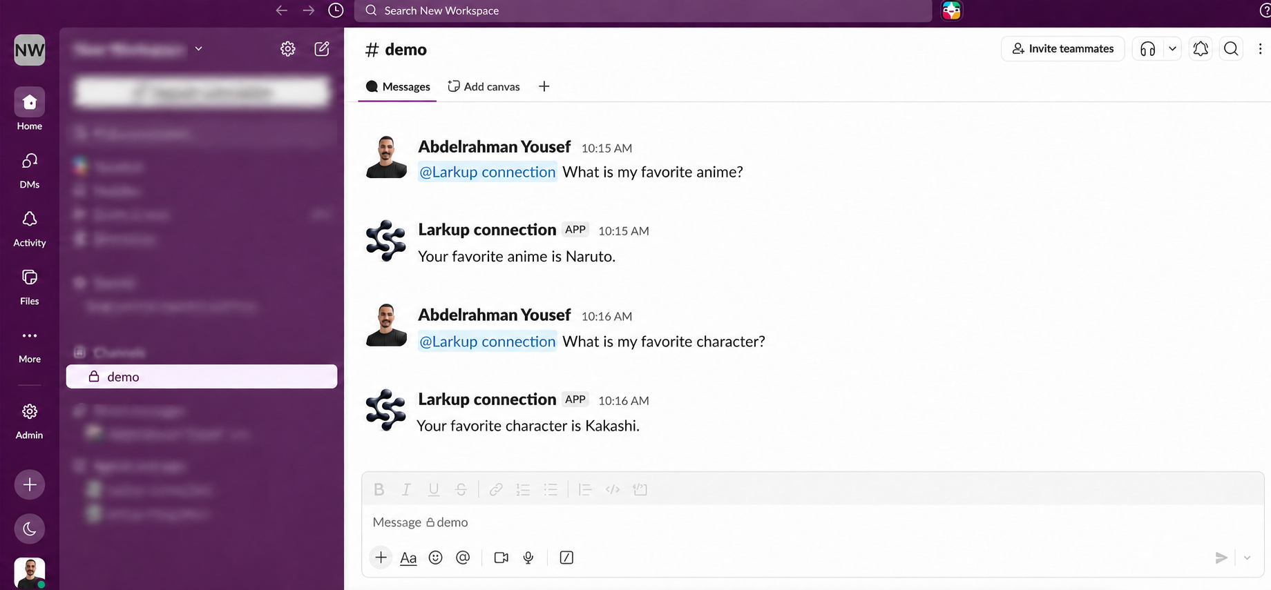 Slack conversation with the Agent