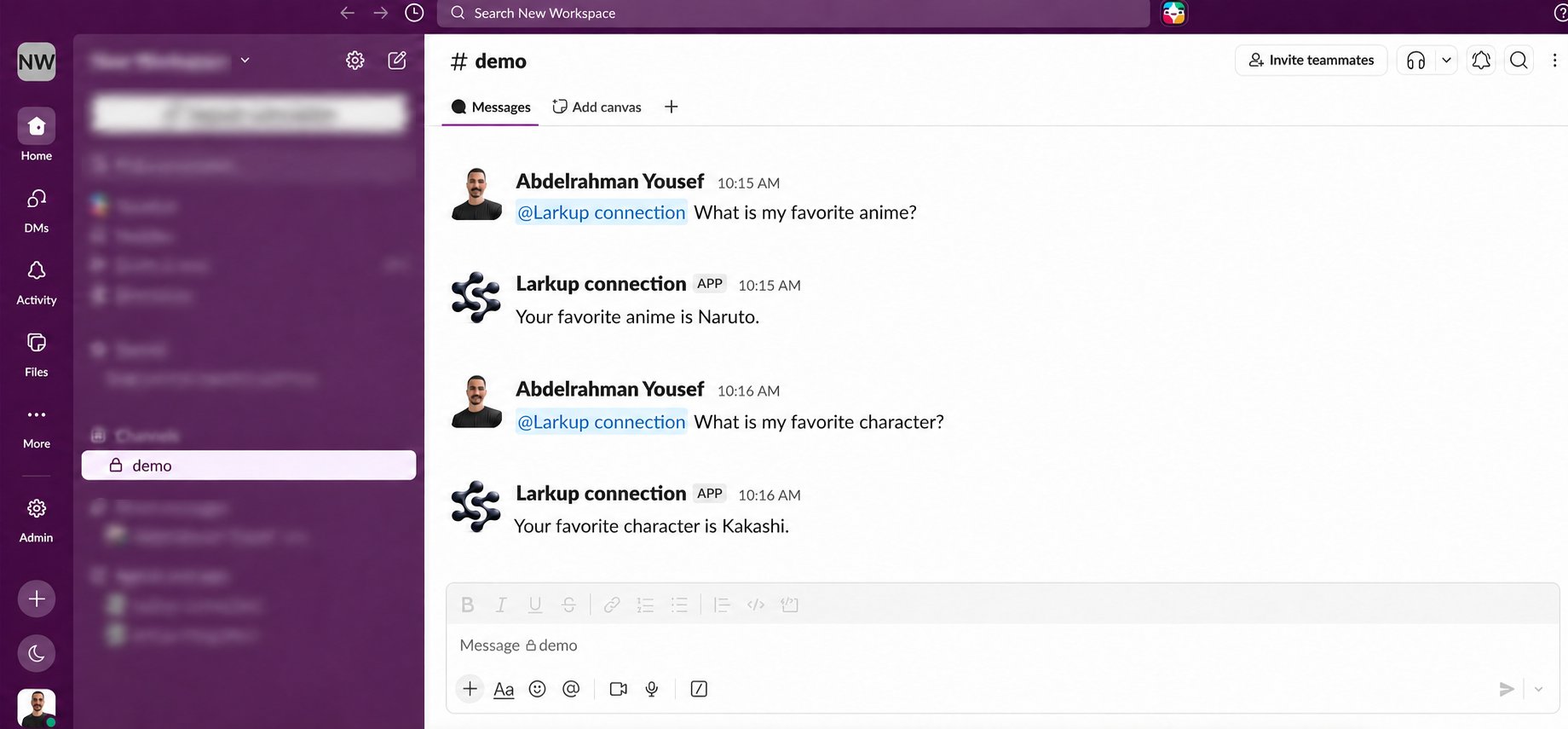 Slack conversation with the Agent