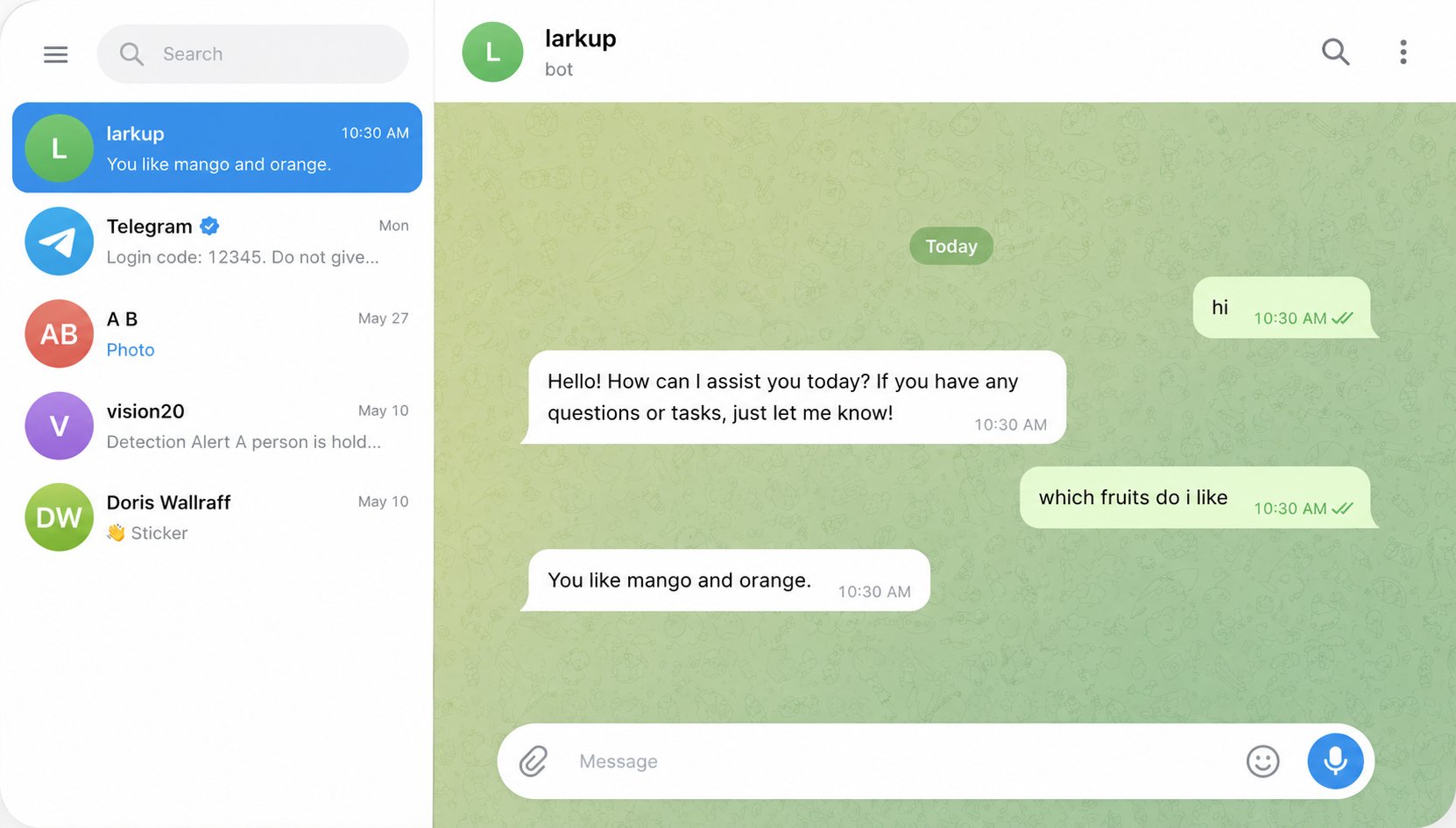 Telegram conversation with the Agent